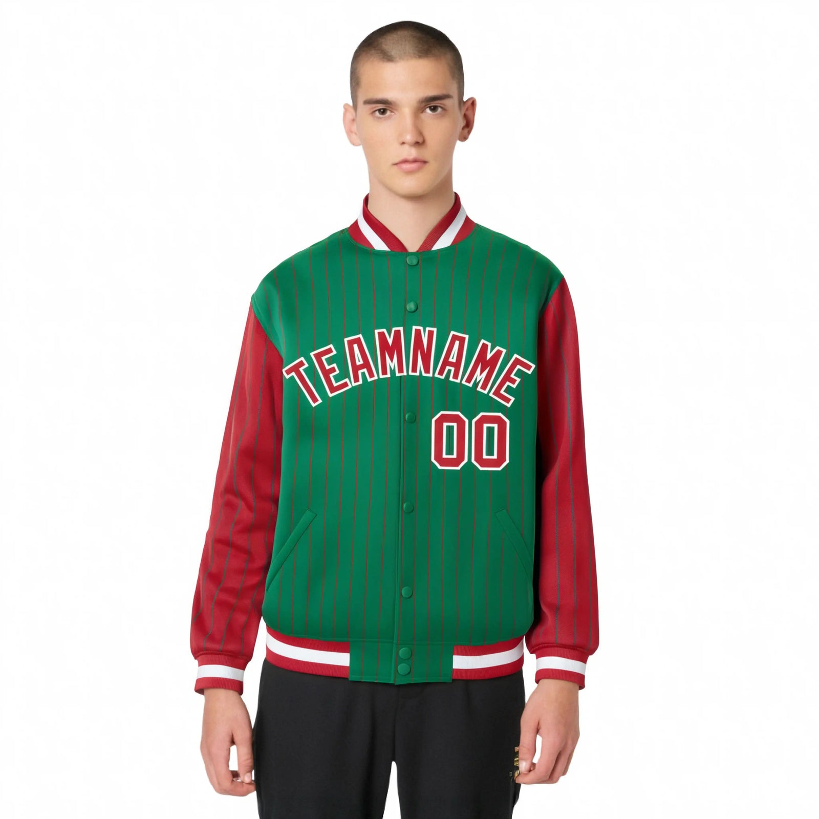 Custom Kelly Green Red Pinstripe White-Red Bomber Full-Snap Varsity Letterman Jacket