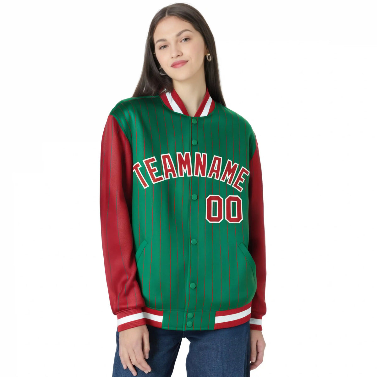 Custom Kelly Green Red Pinstripe White-Red Bomber Full-Snap Varsity Letterman Jacket