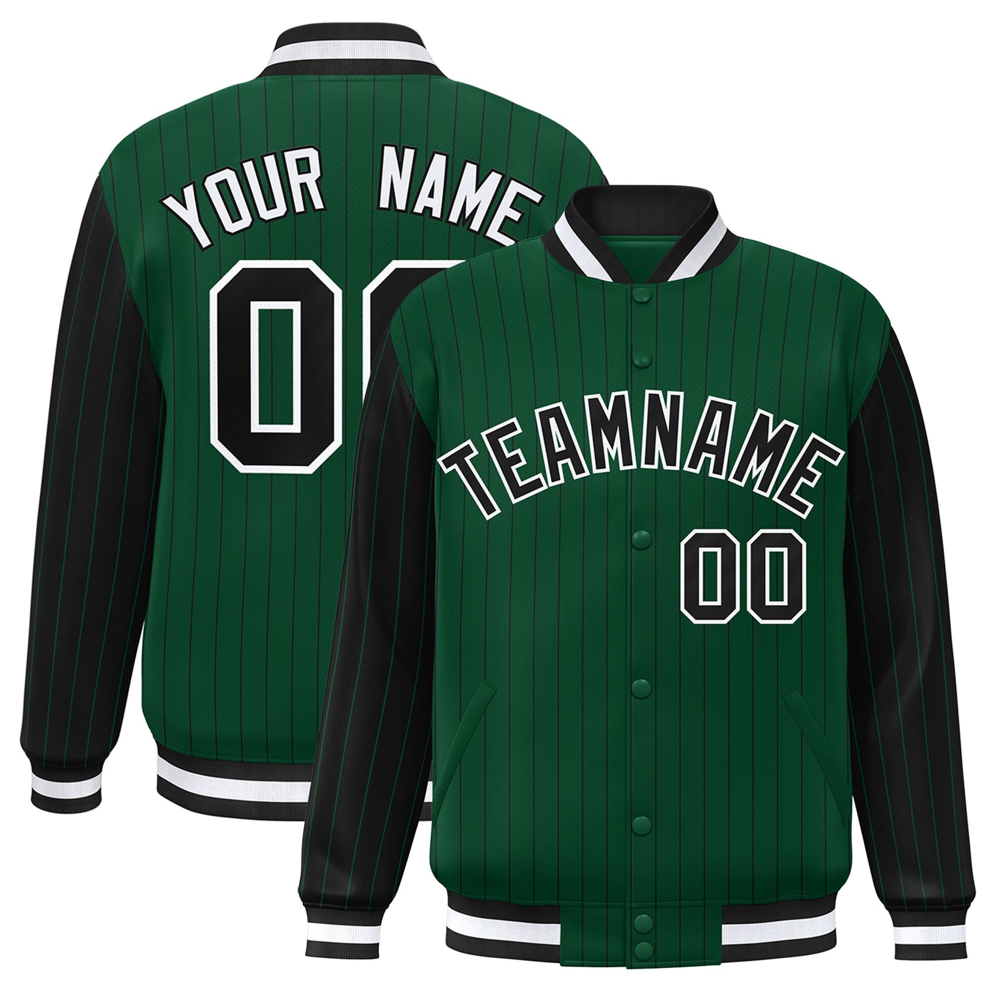 Custom Kelly Green Black Pinstripe White-Black Bomber Full-Snap Varsity Letterman Jacket