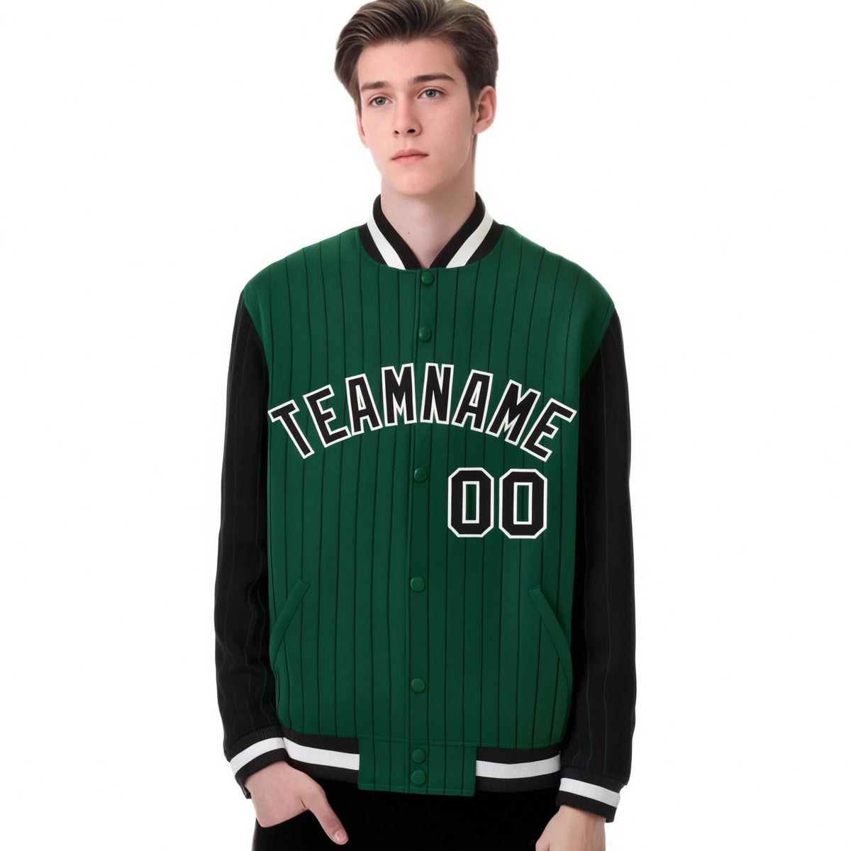 Custom Kelly Green Black Pinstripe White-Black Bomber Full-Snap Varsity Letterman Jacket