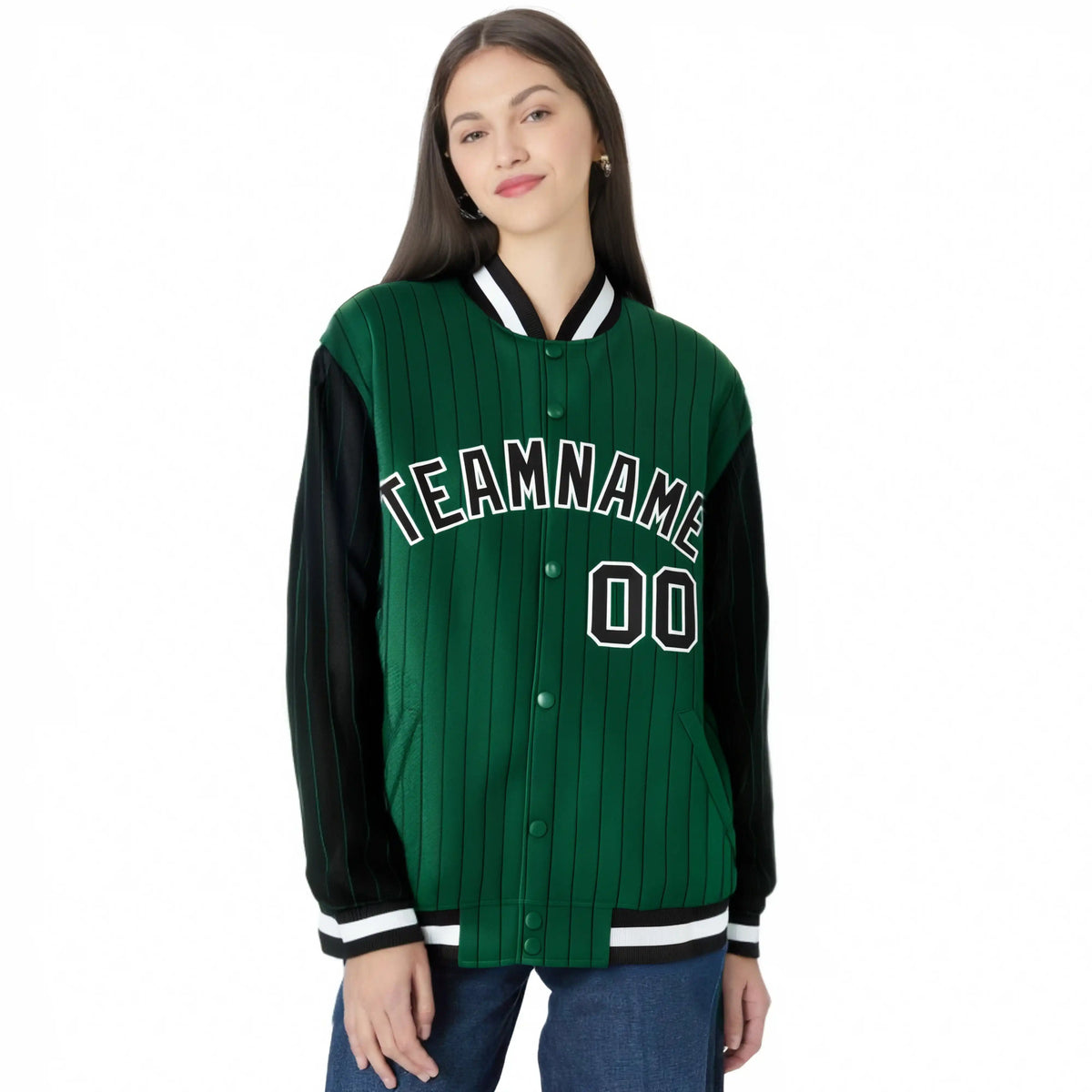 Custom Kelly Green Black Pinstripe White-Black Bomber Full-Snap Varsity Letterman Jacket