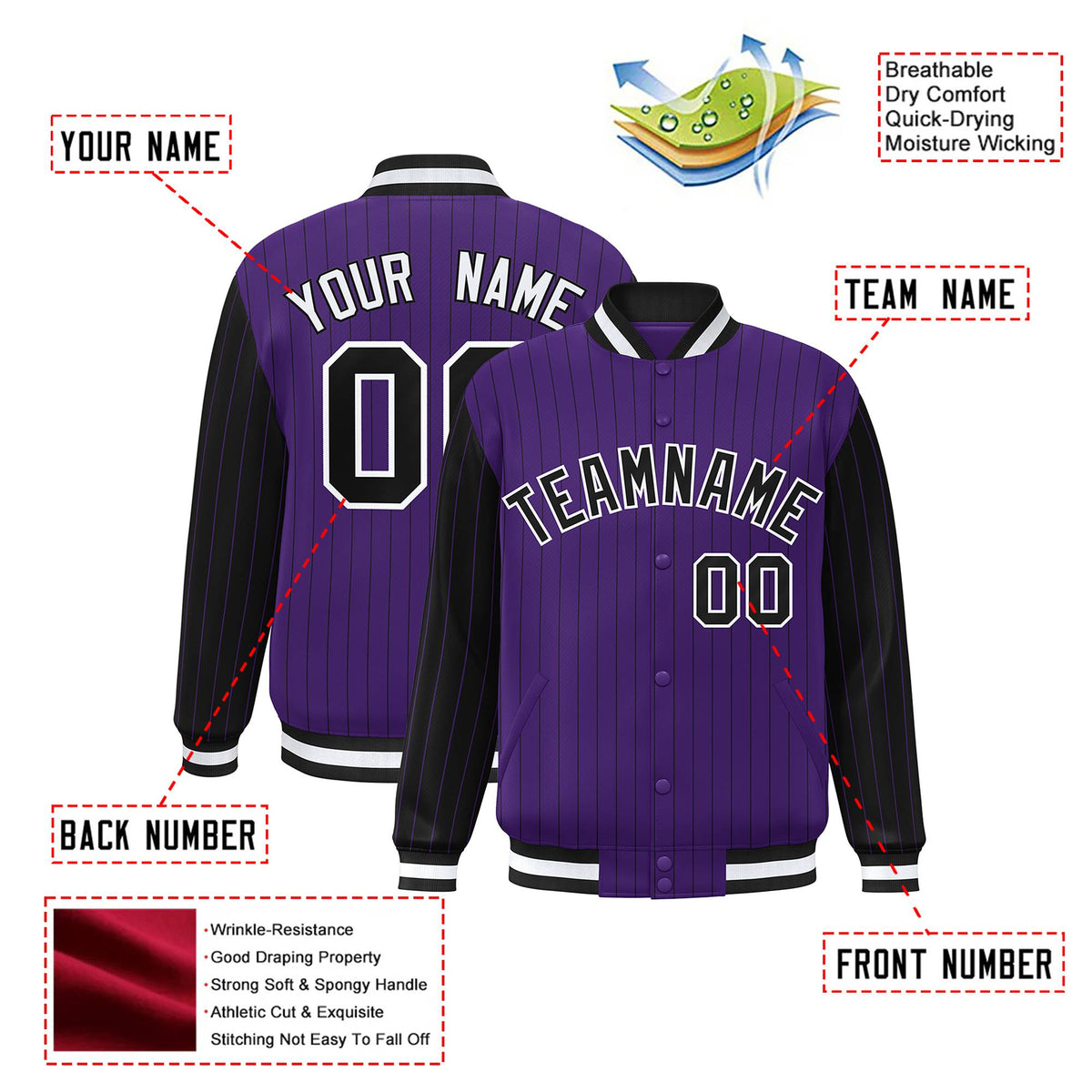 Custom Purple Black Pinstripe White-Black Bomber Full-Snap Varsity Letterman Jacket