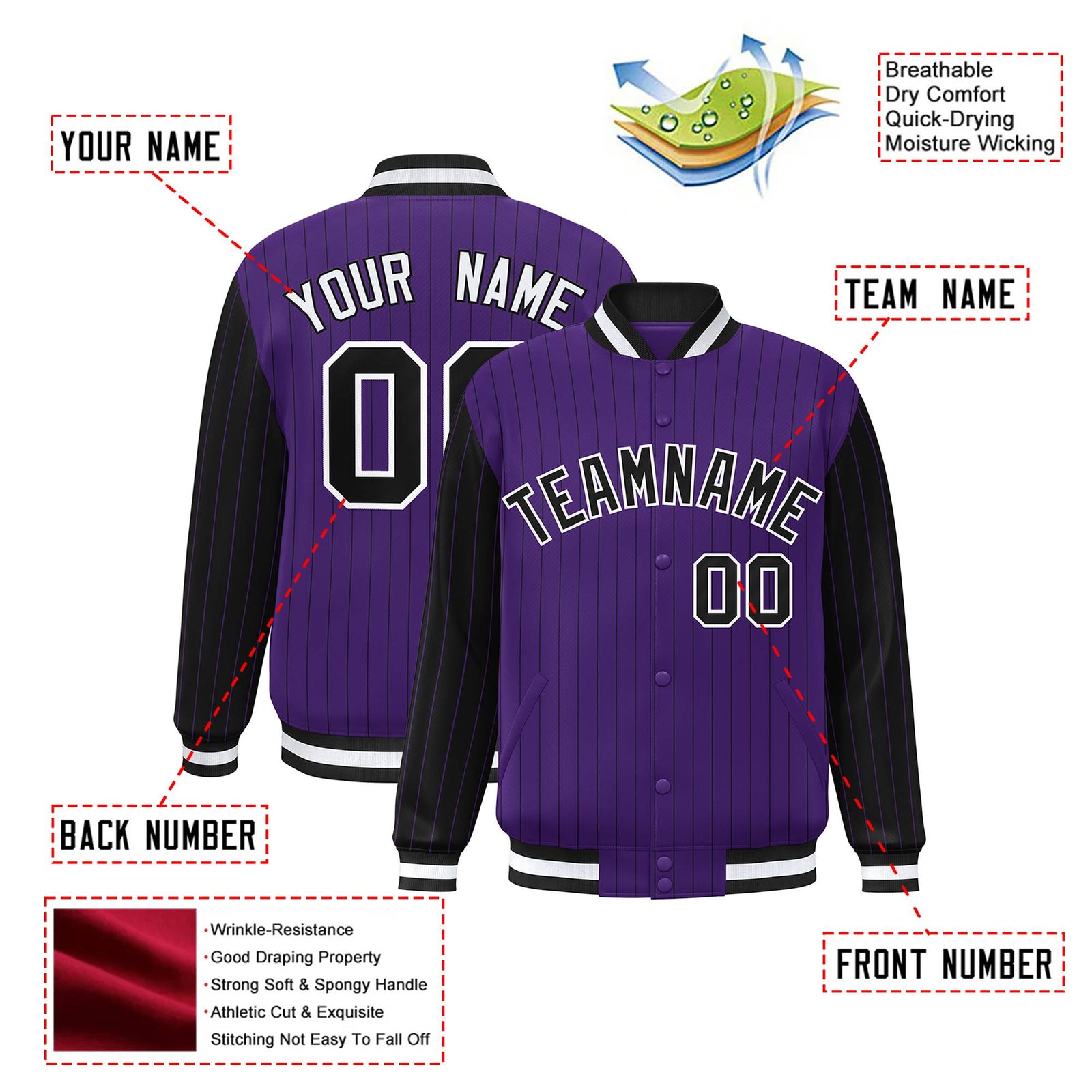 Custom Purple Black Pinstripe White-Black Bomber Full-Snap Varsity Letterman Jacket
