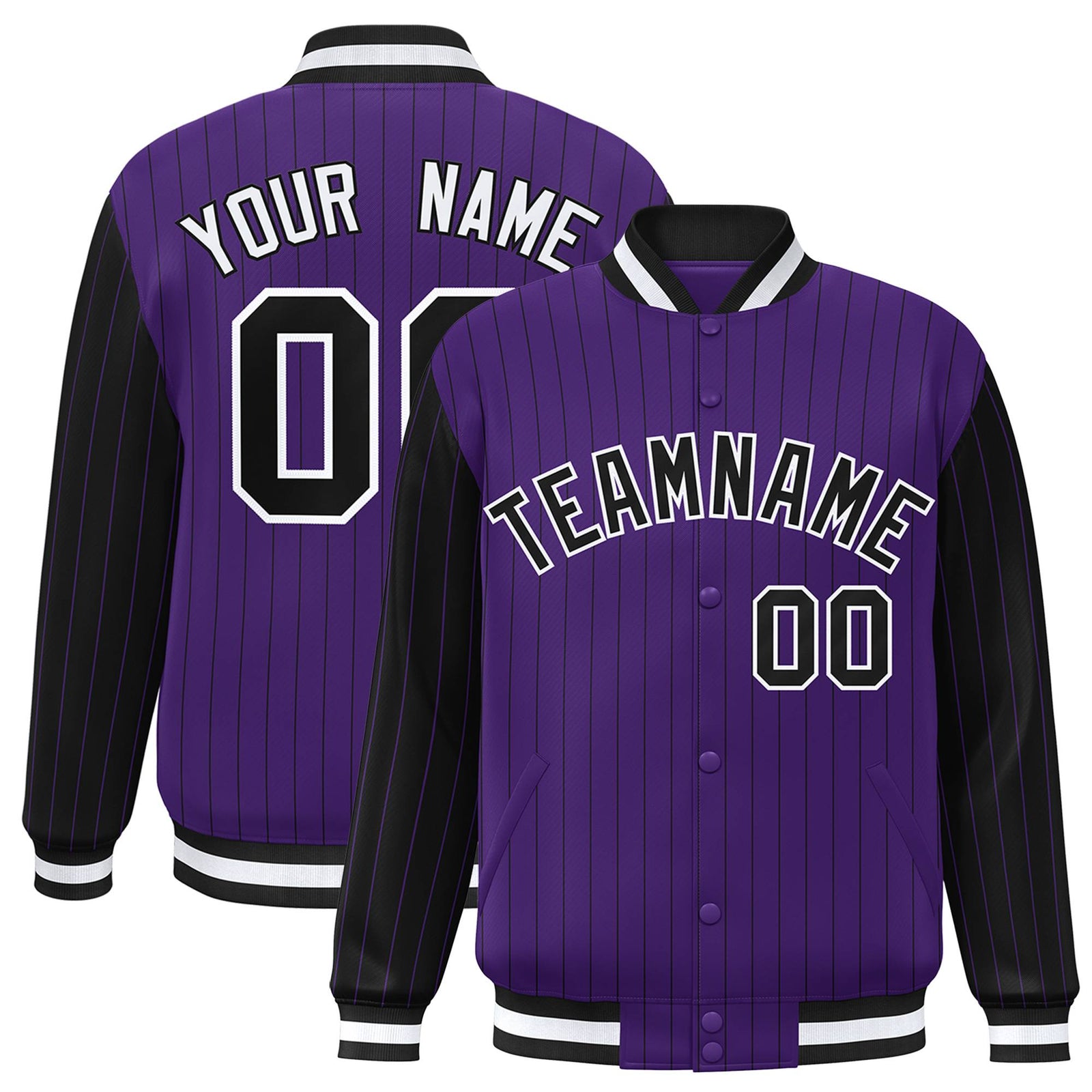 Custom Purple Black Pinstripe White-Black Bomber Full-Snap Varsity Letterman Jacket