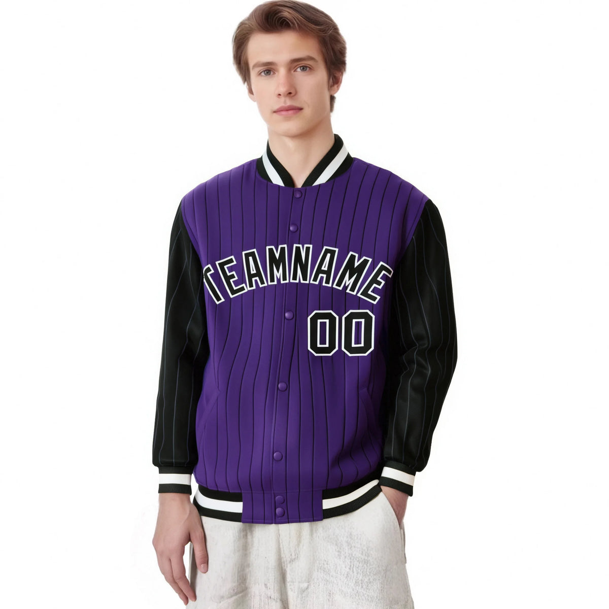 Custom Purple Black Pinstripe White-Black Bomber Full-Snap Varsity Letterman Jacket