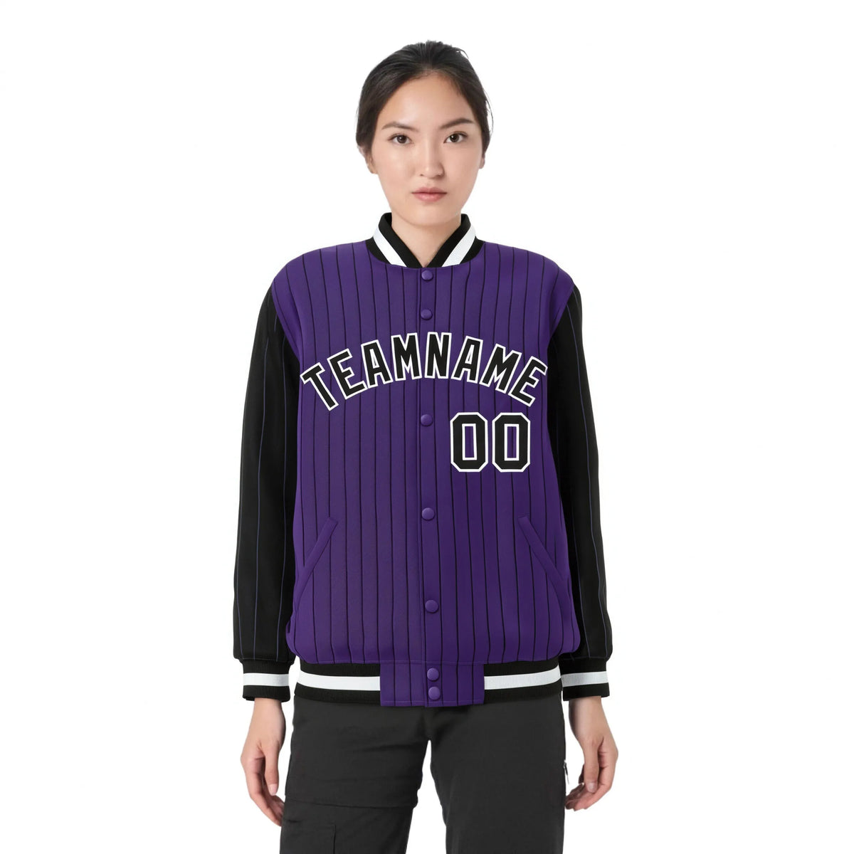 Custom Purple Black Pinstripe White-Black Bomber Full-Snap Varsity Letterman Jacket