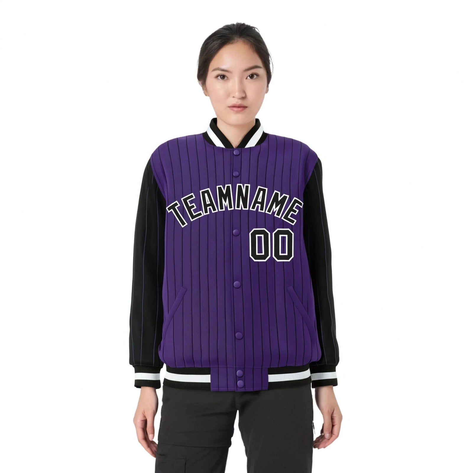 Custom Purple Black Pinstripe White-Black Bomber Full-Snap Varsity Letterman Jacket