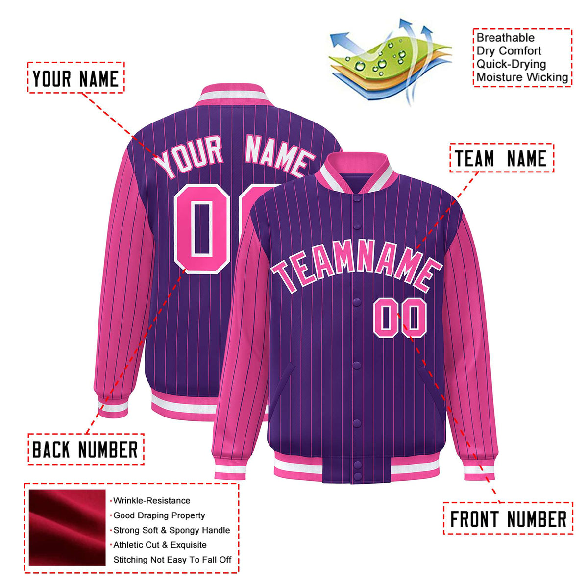 Custom Purple Pink Pinstripe White-Pink Bomber Full-Snap Varsity Letterman Jacket