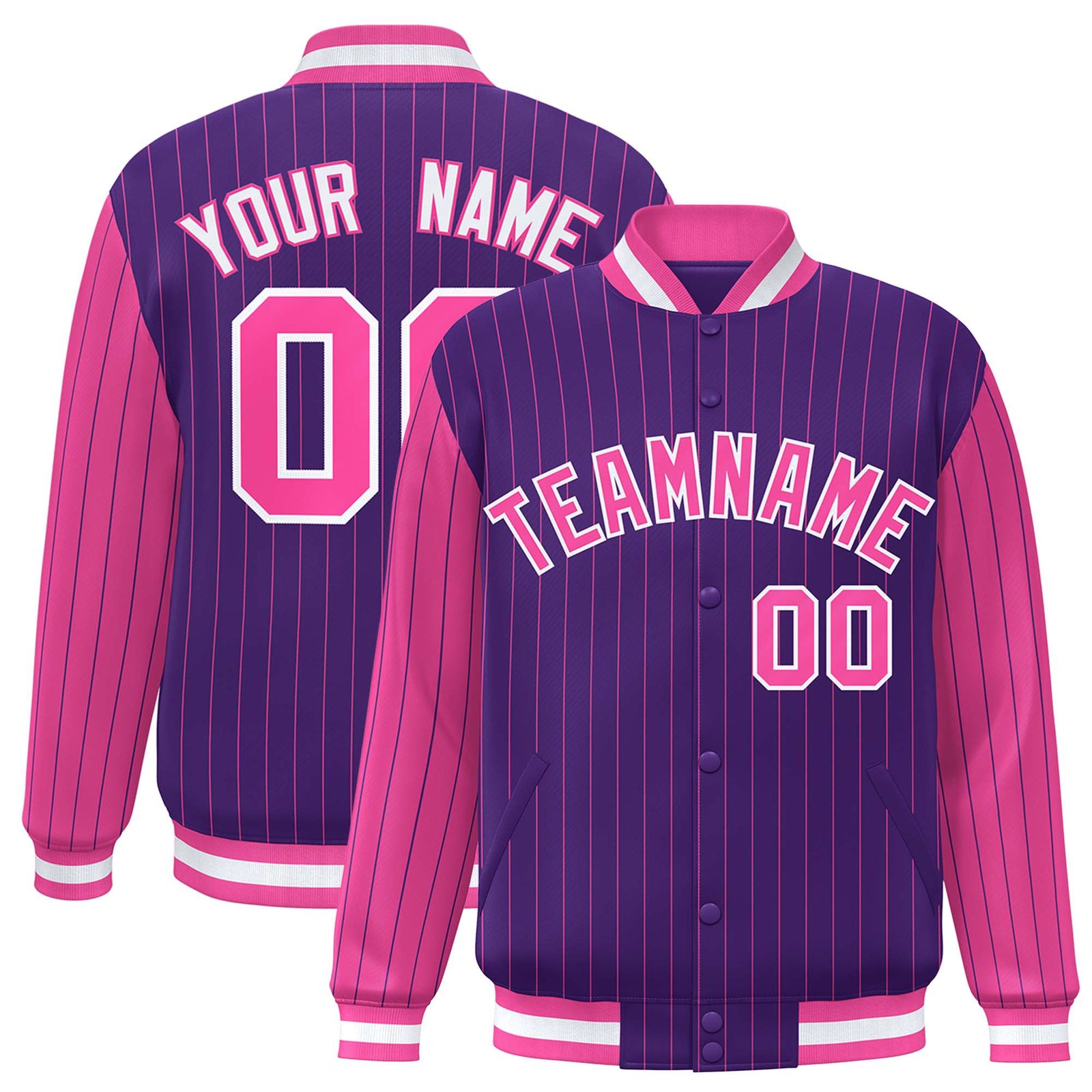 Custom Purple Pink Pinstripe White-Pink Bomber Full-Snap Varsity Letterman Jacket