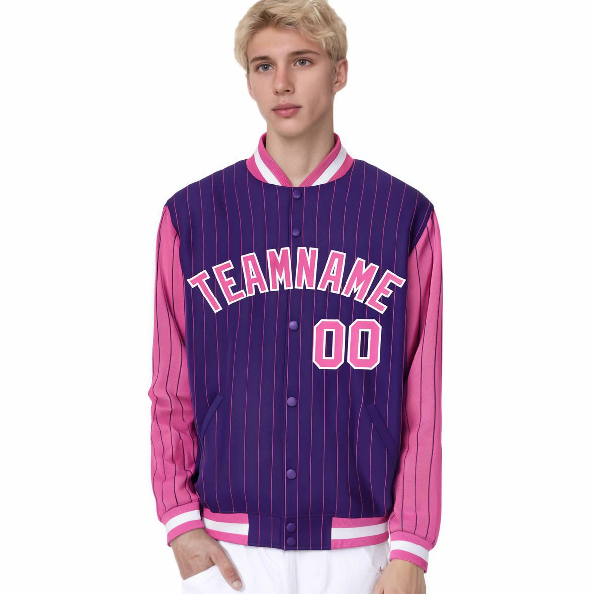 Custom Purple Pink Pinstripe White-Pink Bomber Full-Snap Varsity Letterman Jacket