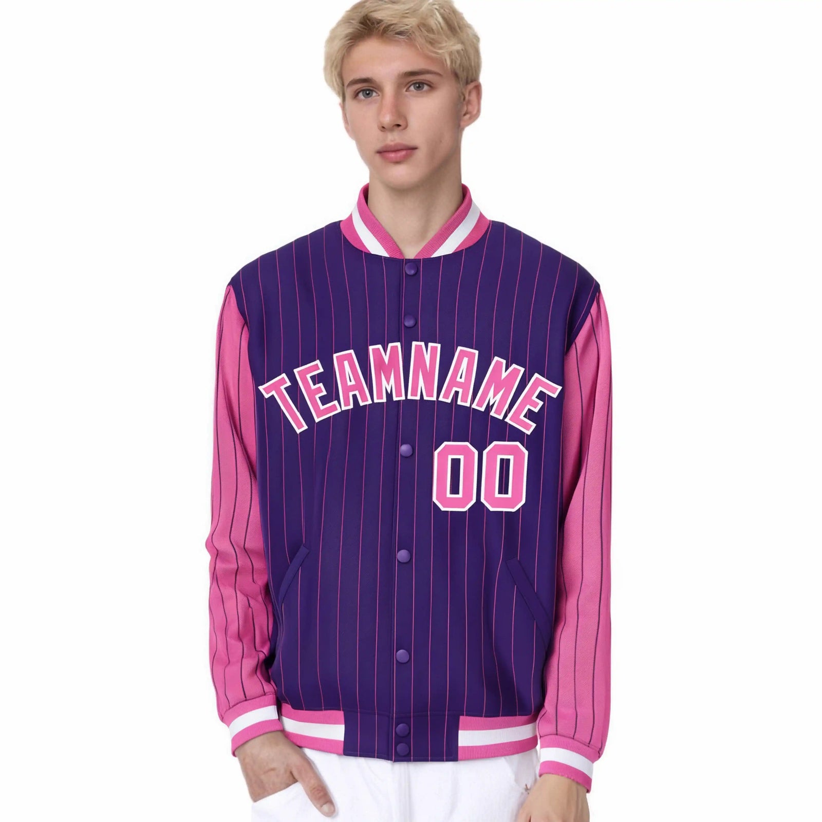 Custom Purple Pink Pinstripe White-Pink Bomber Full-Snap Varsity Letterman Jacket