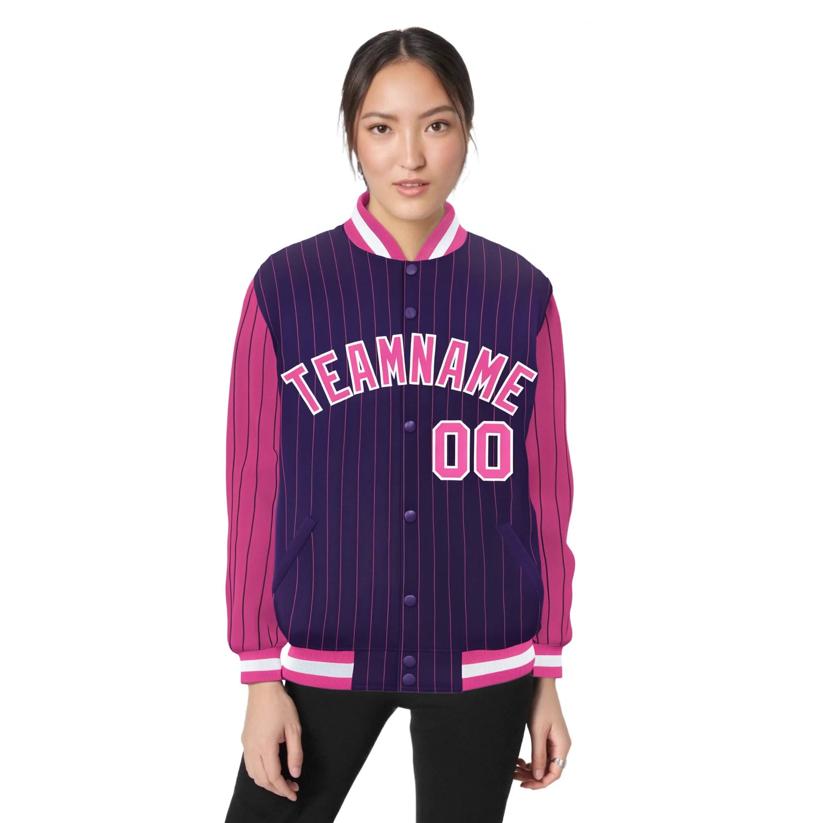 Custom Purple Pink Pinstripe White-Pink Bomber Full-Snap Varsity Letterman Jacket