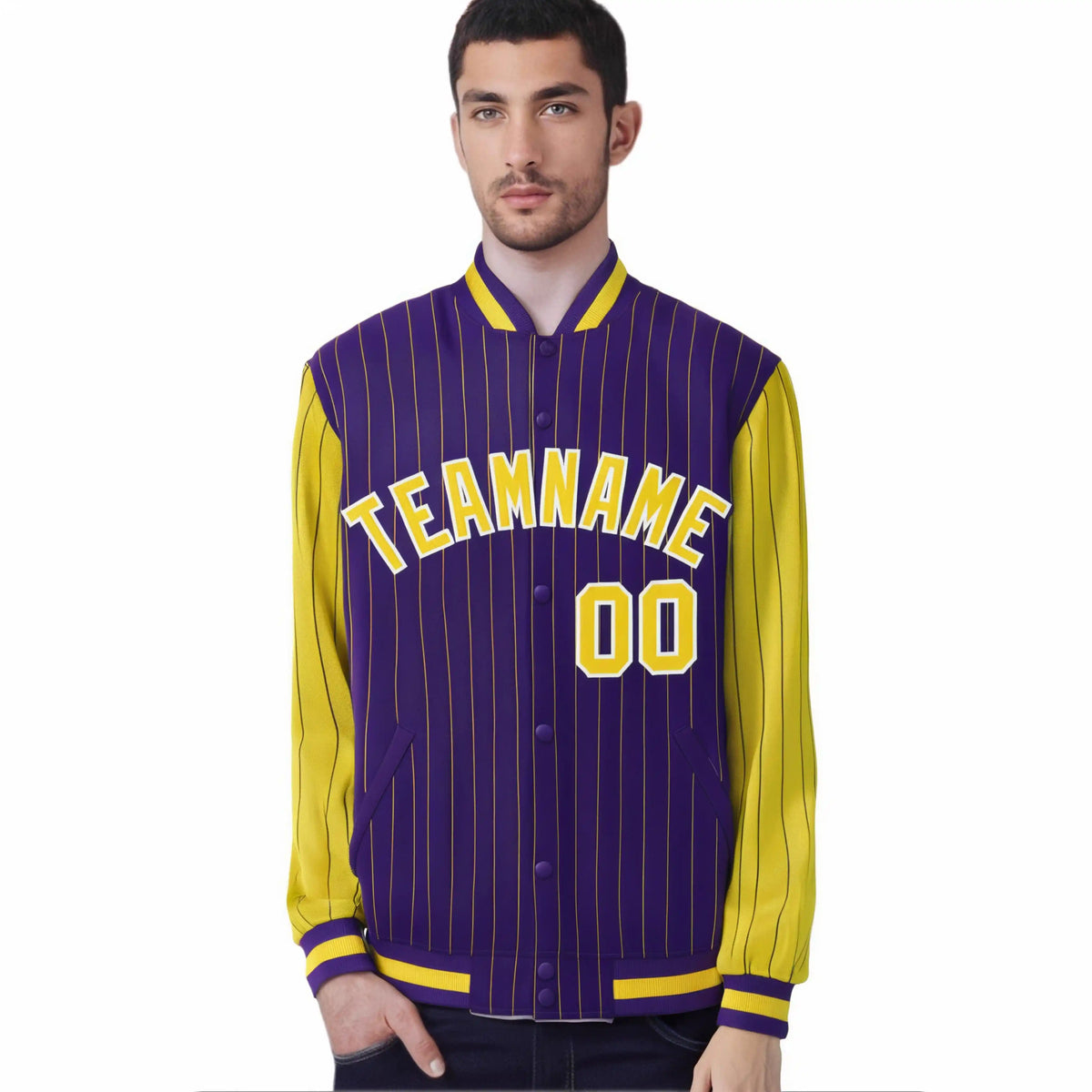 Custom Purple Gold Pinstripe White-Gold Bomber Full-Snap Varsity Letterman Jacket