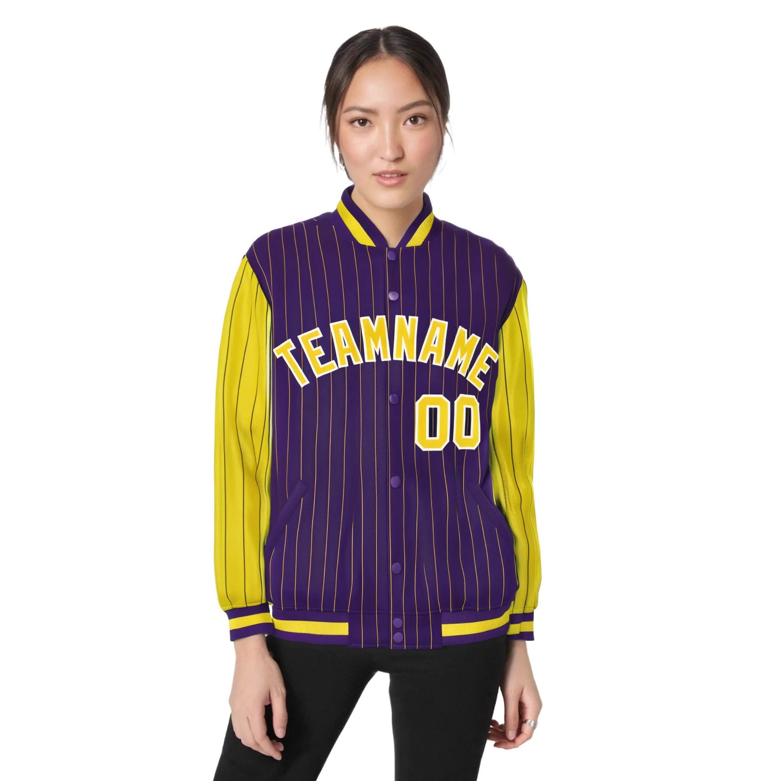 Custom Purple Gold Pinstripe White-Gold Bomber Full-Snap Varsity Letterman Jacket