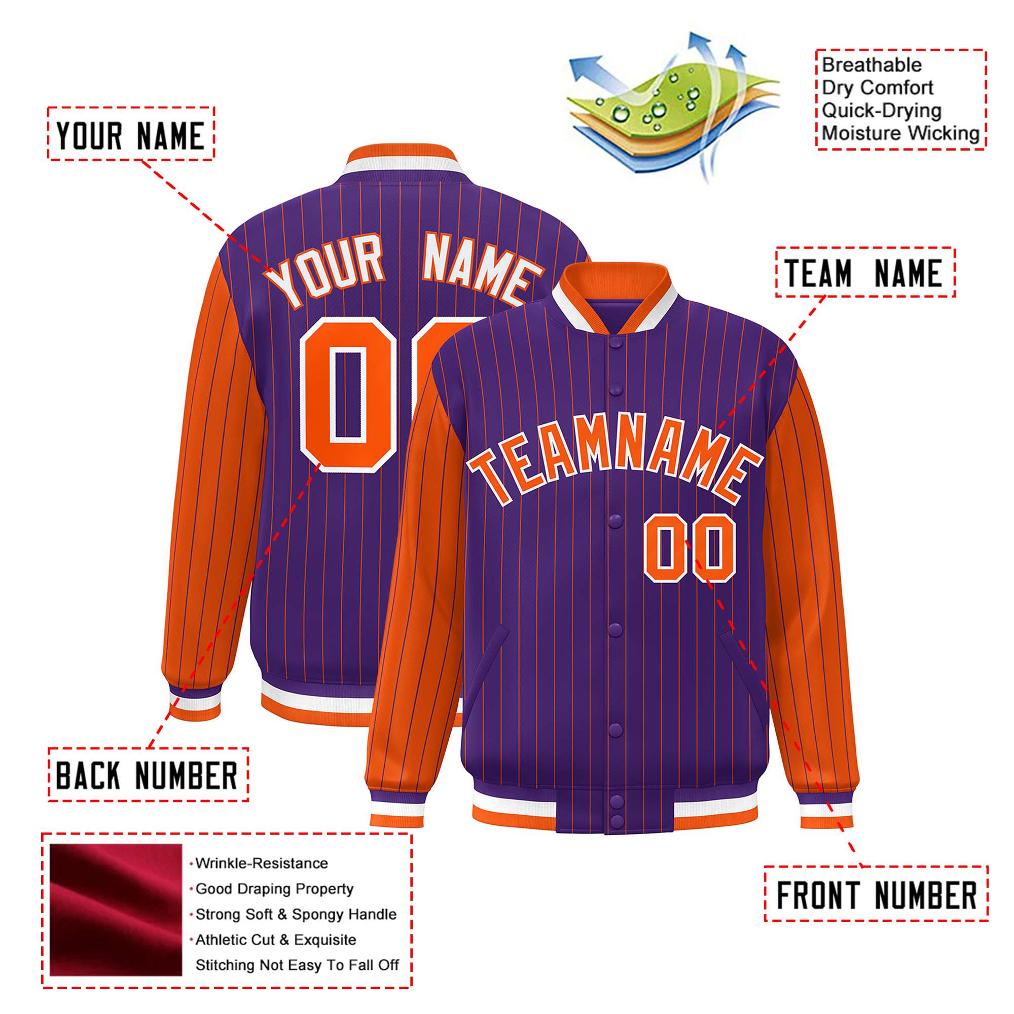 Custom Purple Orange Pinstripe White-Orange Bomber Full-Snap Varsity Letterman Jacket