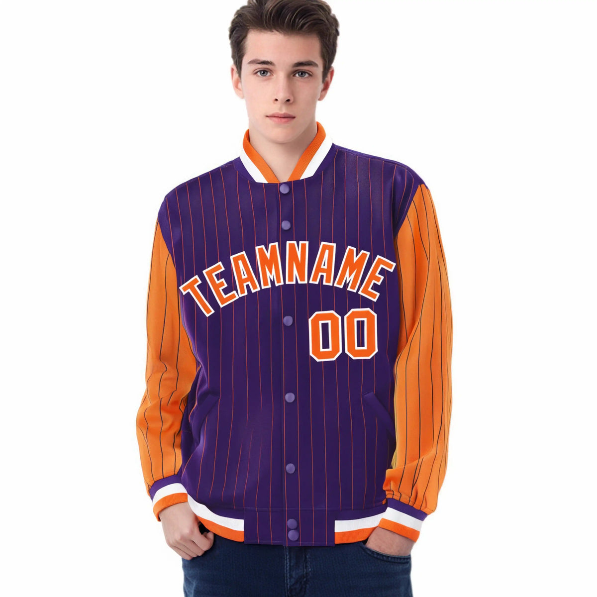 Custom Purple Orange Pinstripe White-Orange Bomber Full-Snap Varsity Letterman Jacket