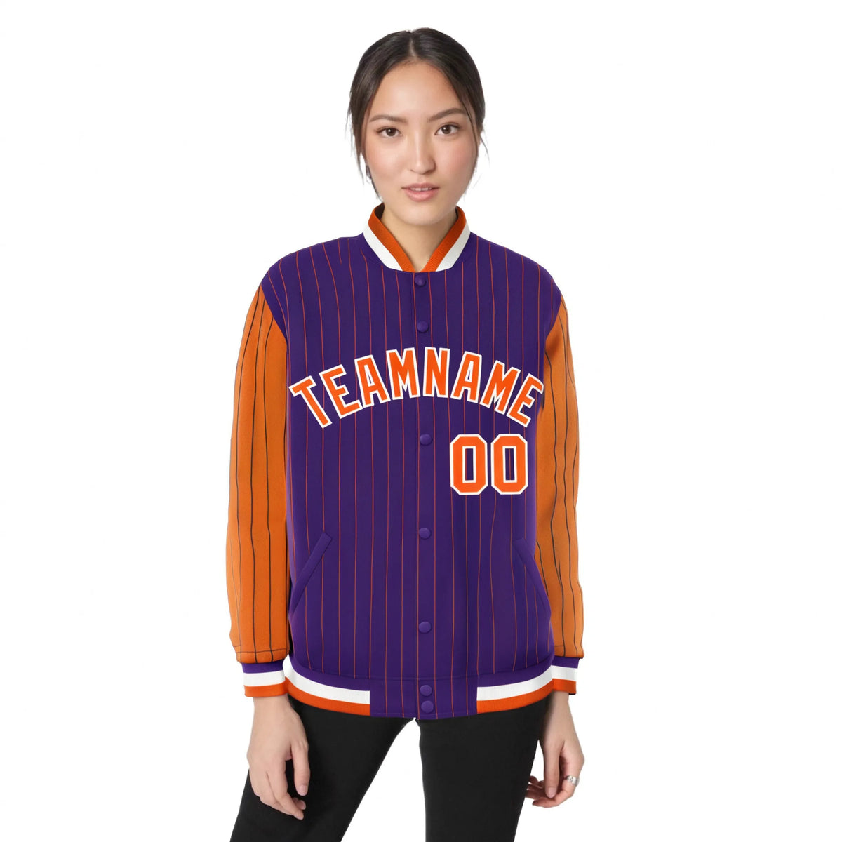 Custom Purple Orange Pinstripe White-Orange Bomber Full-Snap Varsity Letterman Jacket
