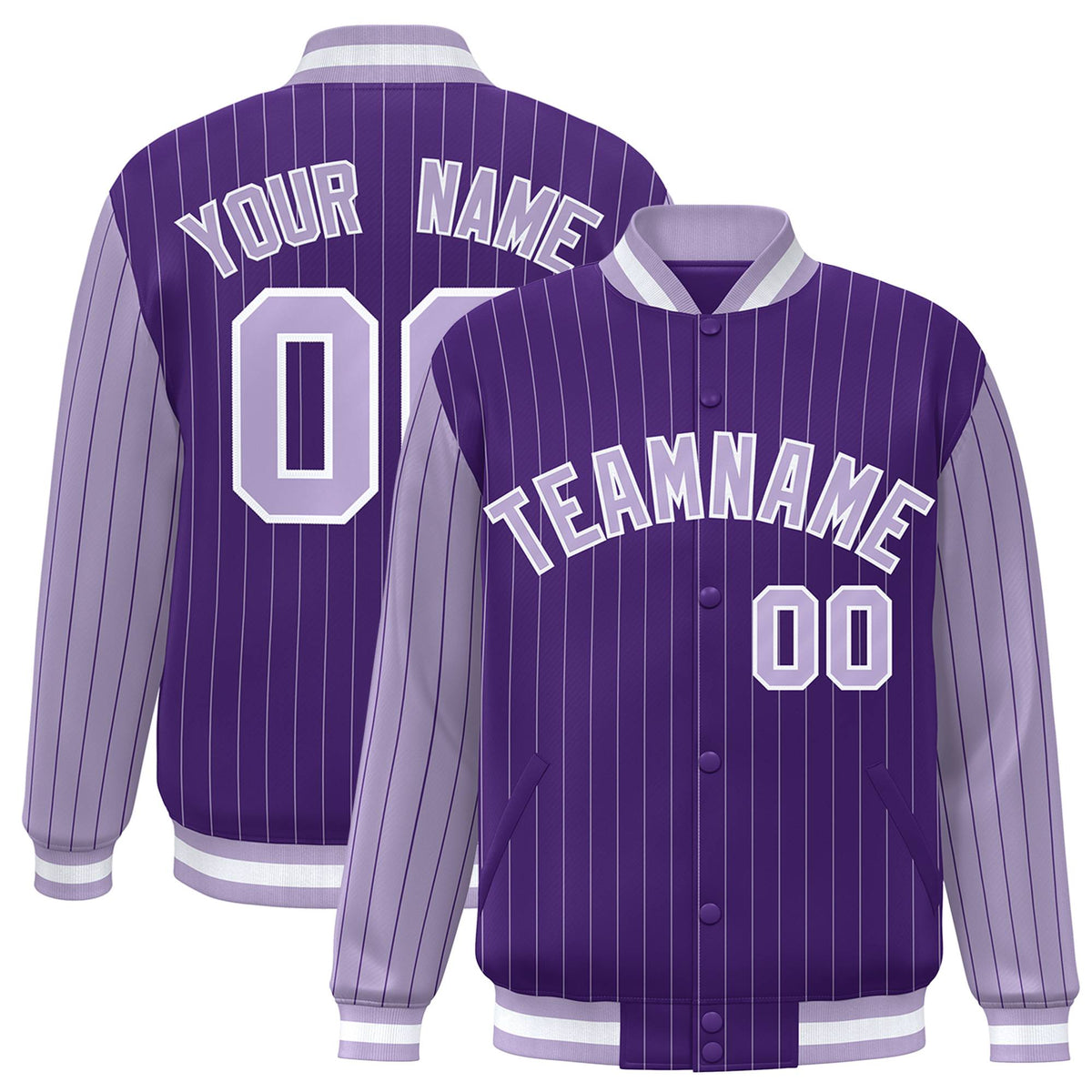 Custom Purple Light-Purple Pinstripe White Light-Purple Bomber Full-Snap Varsity Letterman Jacket