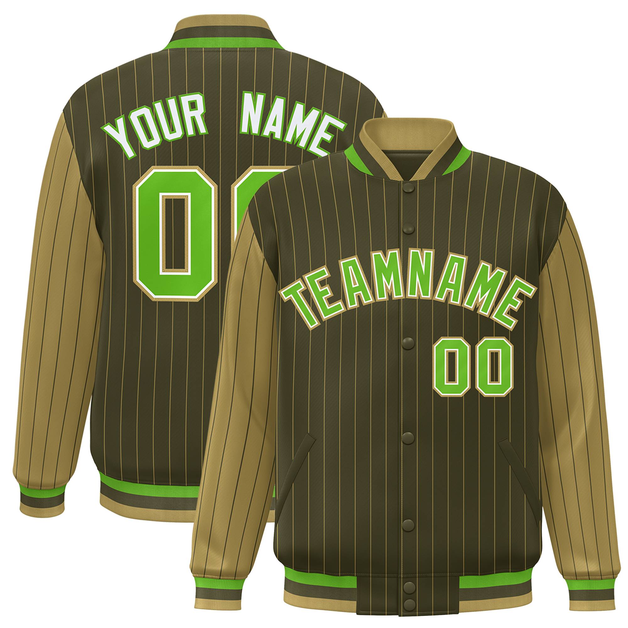 Custom Brown Light-Brown Pinstripe White Neon-Green Bomber Full-Snap Varsity Letterman Jacket