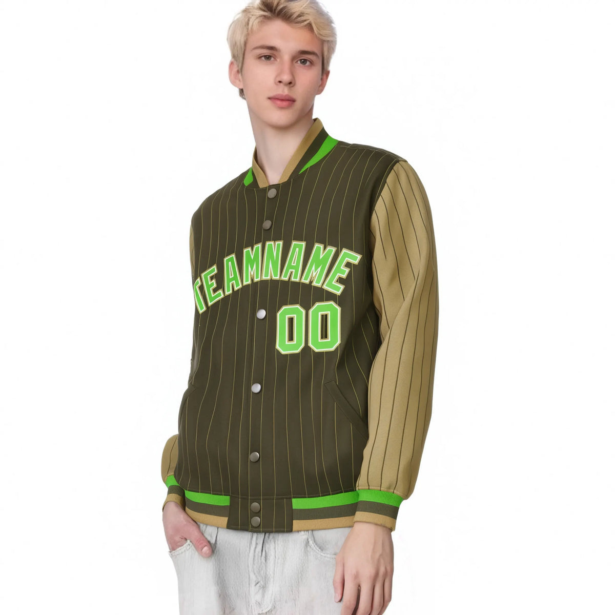 Custom Brown Light-Brown Pinstripe White Neon-Green Bomber Full-Snap Varsity Letterman Jacket