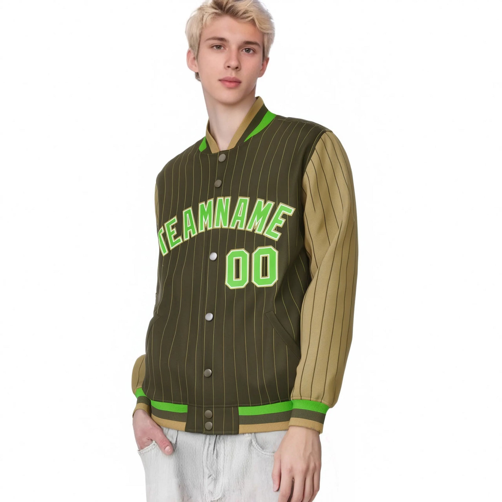 Custom Brown Light-Brown Pinstripe White Neon-Green Bomber Full-Snap Varsity Letterman Jacket