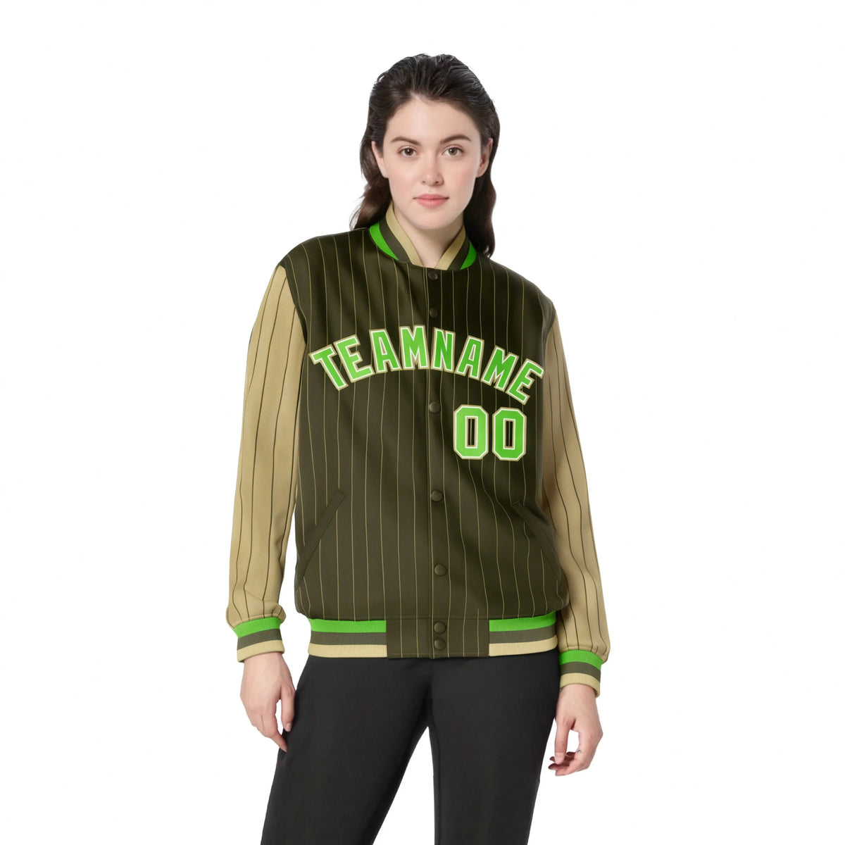 Custom Brown Light-Brown Pinstripe White Neon-Green Bomber Full-Snap Varsity Letterman Jacket
