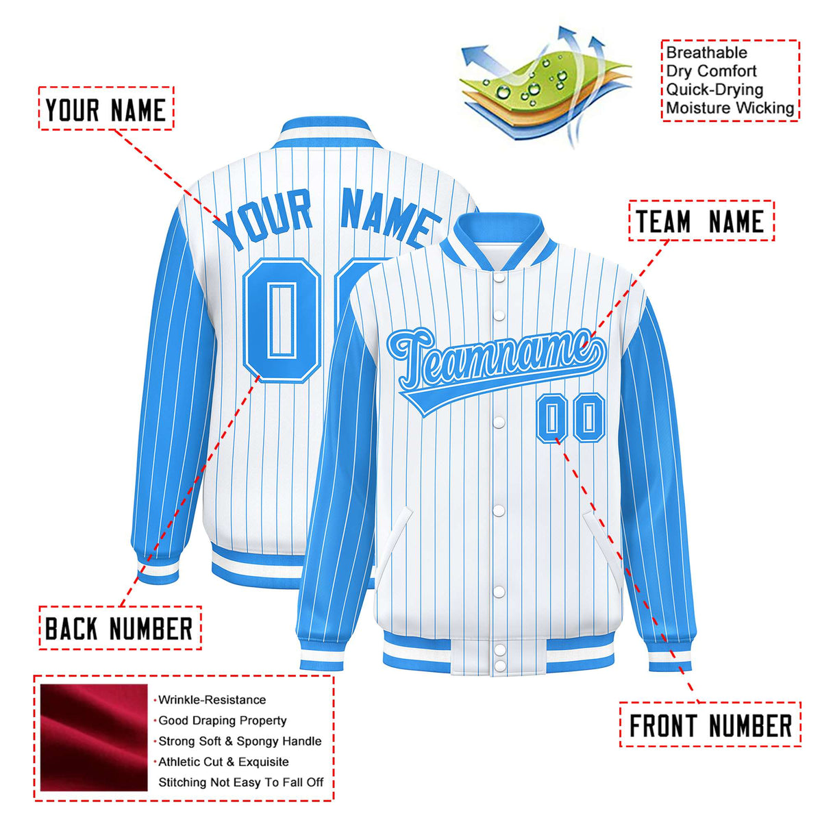 Custom White Powder Blue Pinstripe Powder-Blue White Bomber Full-Snap Varsity Letterman Jacket