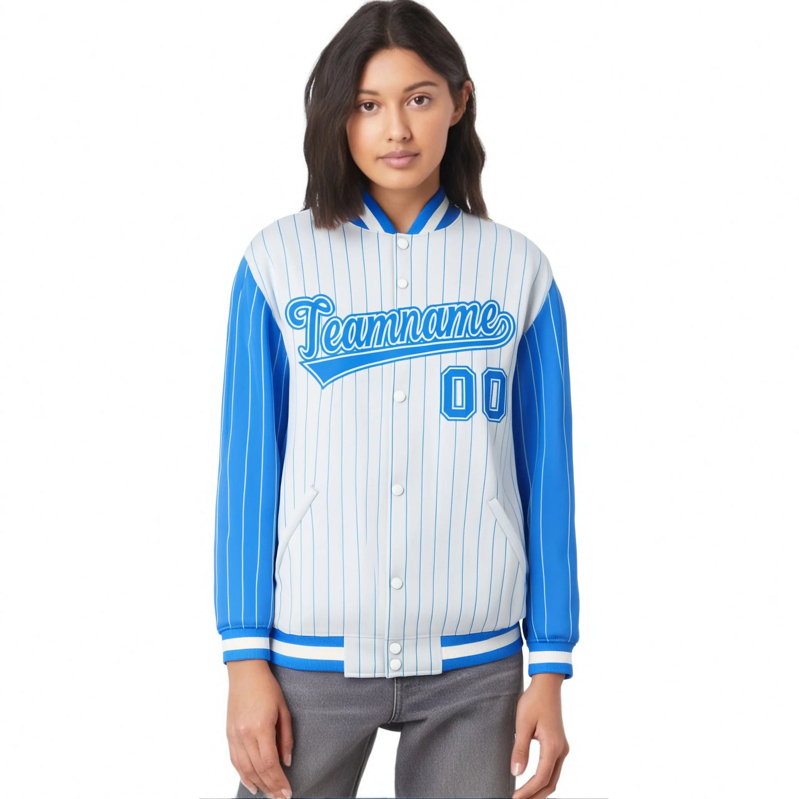 Custom White Powder Blue Pinstripe Powder-Blue White Bomber Full-Snap Varsity Letterman Jacket