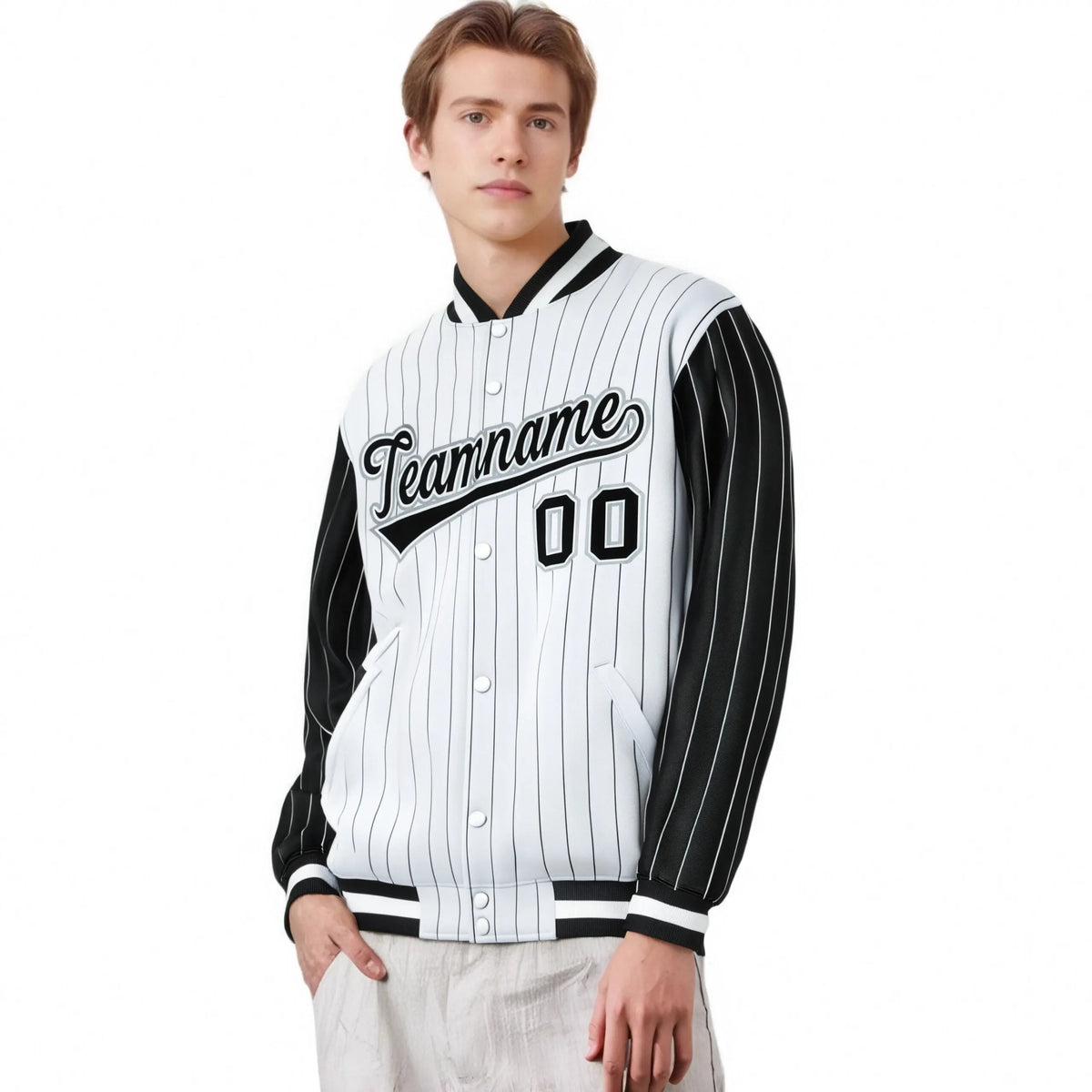 Custom White Black Pinstripe Gray-Black Bomber Full-Snap Varsity Letterman Jacket