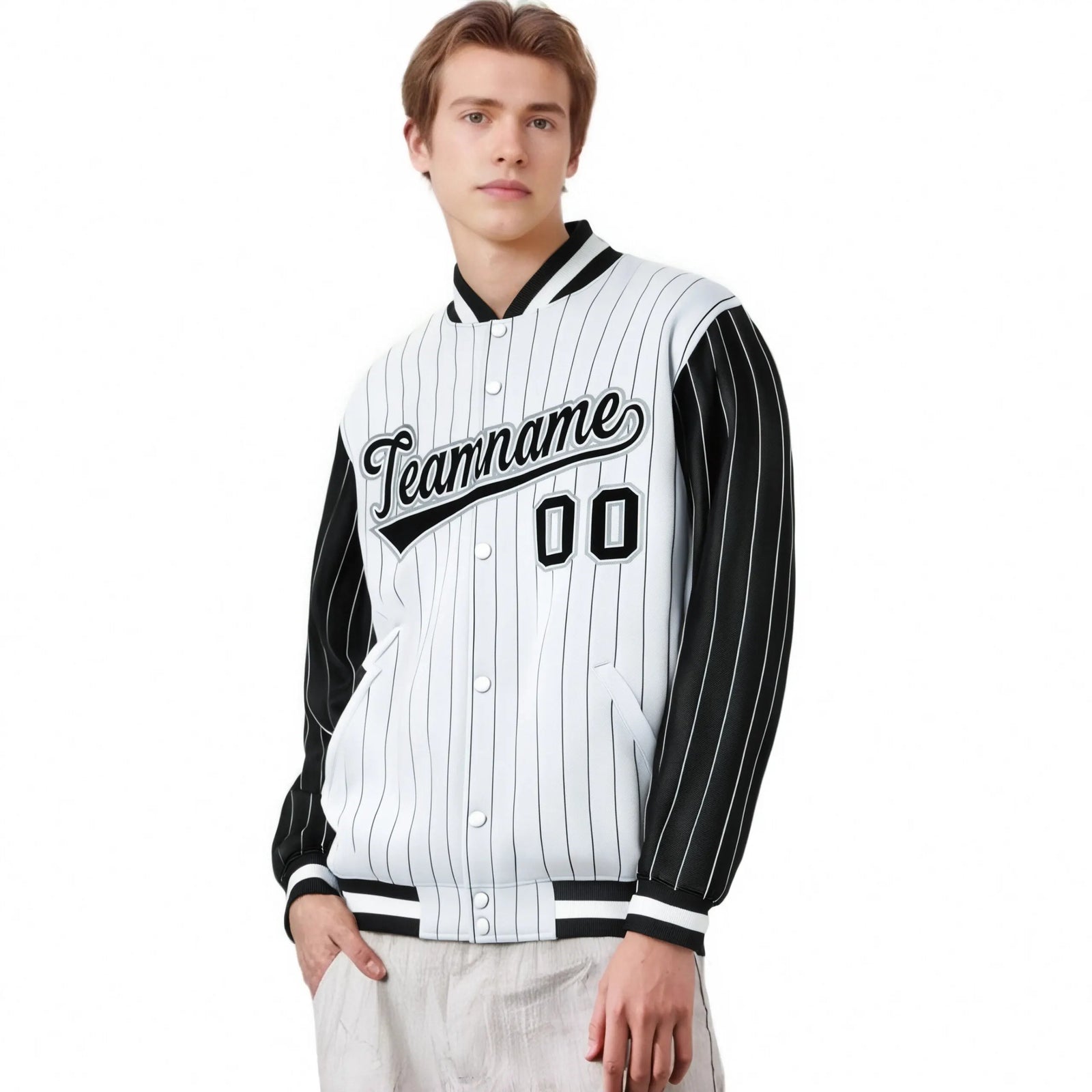 Custom White Black Pinstripe Gray-Black Bomber Full-Snap Varsity Letterman Jacket