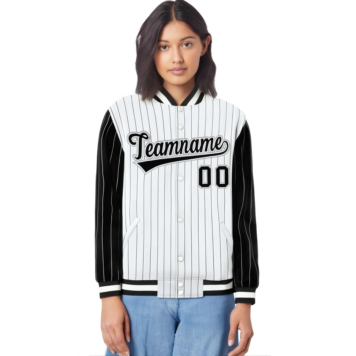 Custom White Black Pinstripe Gray-Black Bomber Full-Snap Varsity Letterman Jacket