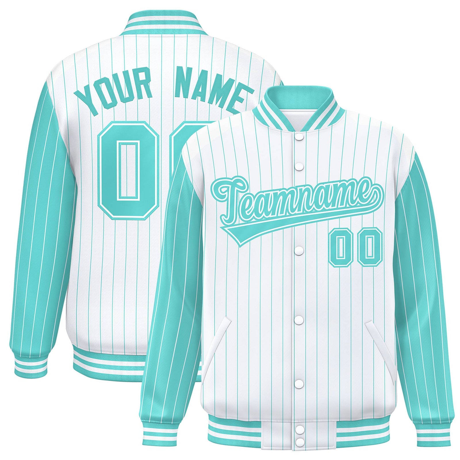 Custom White Aqua Pinstripe White-Aqua Bomber Full-Snap Varsity Letterman Jacket