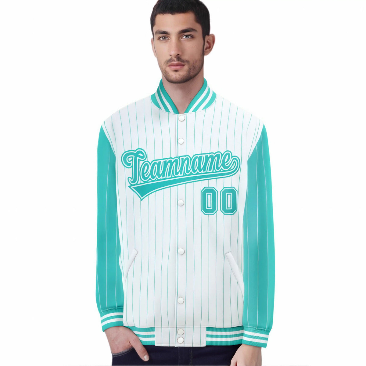 Custom White Aqua Pinstripe White-Aqua Bomber Full-Snap Varsity Letterman Jacket