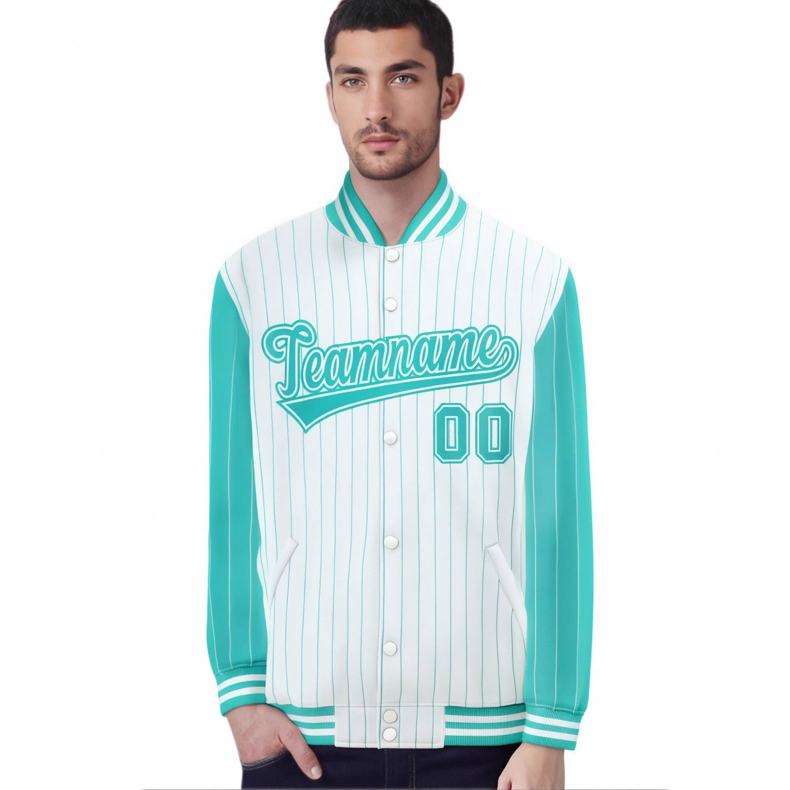 Custom White Aqua Pinstripe White-Aqua Bomber Full-Snap Varsity Letterman Jacket