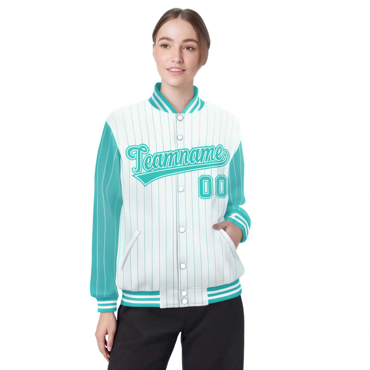 Custom White Aqua Pinstripe White-Aqua Bomber Full-Snap Varsity Letterman Jacket