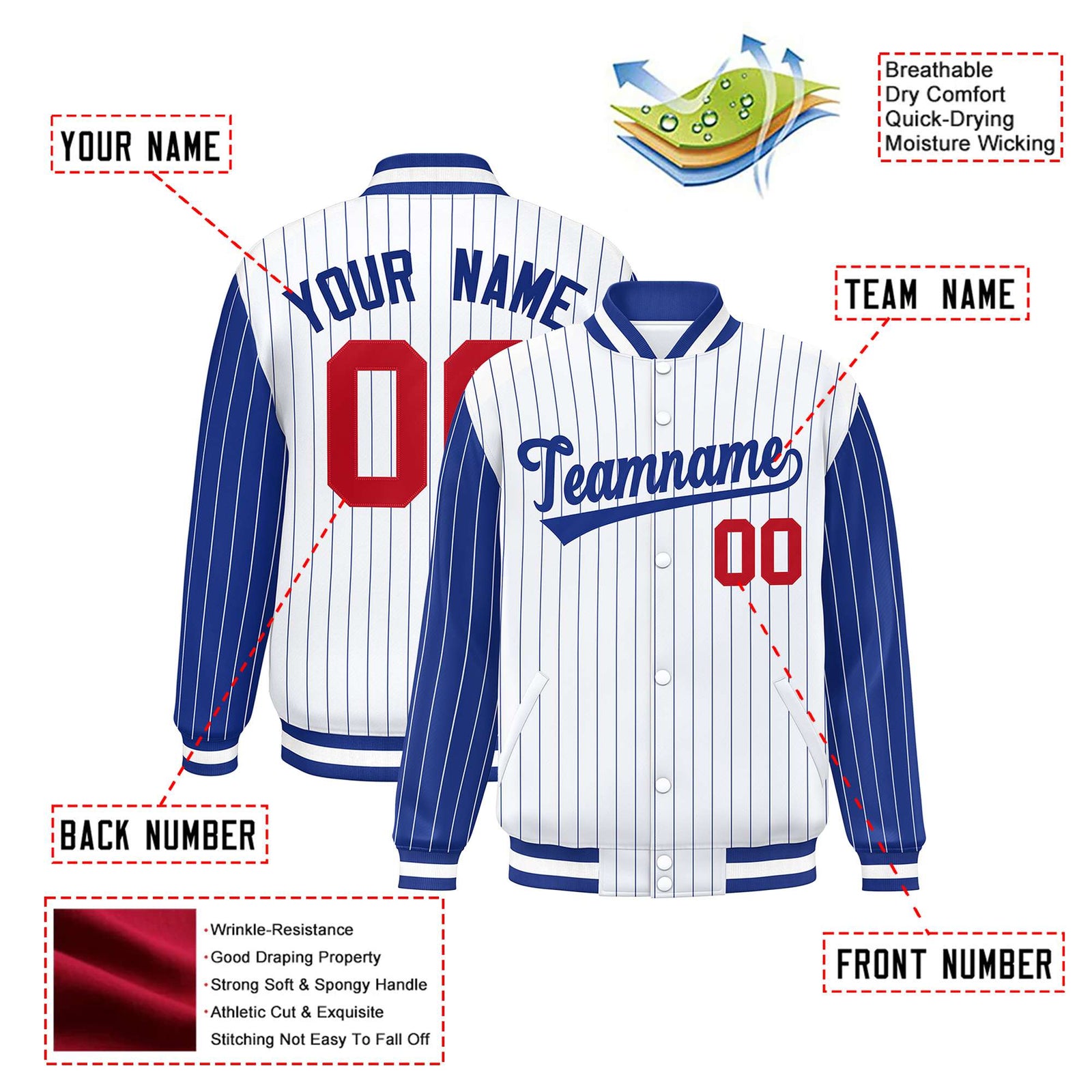 Custom White Royal-Blue Pinstripe Red Royal-Blue Bomber Full-Snap Varsity Letterman Jacket