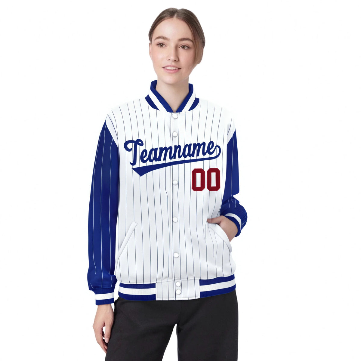 Custom White Royal-Blue Pinstripe Red Royal-Blue Bomber Full-Snap Varsity Letterman Jacket
