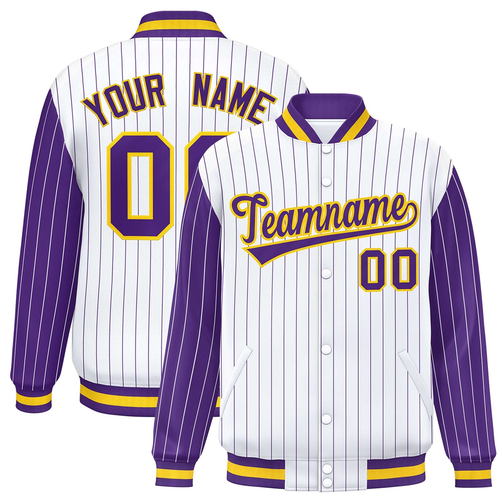 Custom White Purple Pinstripe Glod-Purple Bomber Full-Snap Varsity Letterman Jacket