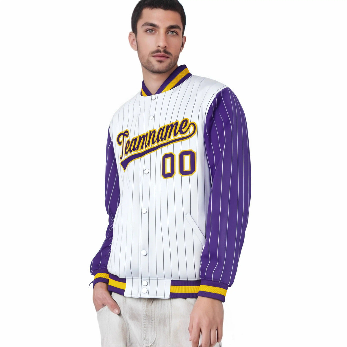 Custom White Purple Pinstripe Glod-Purple Bomber Full-Snap Varsity Letterman Jacket