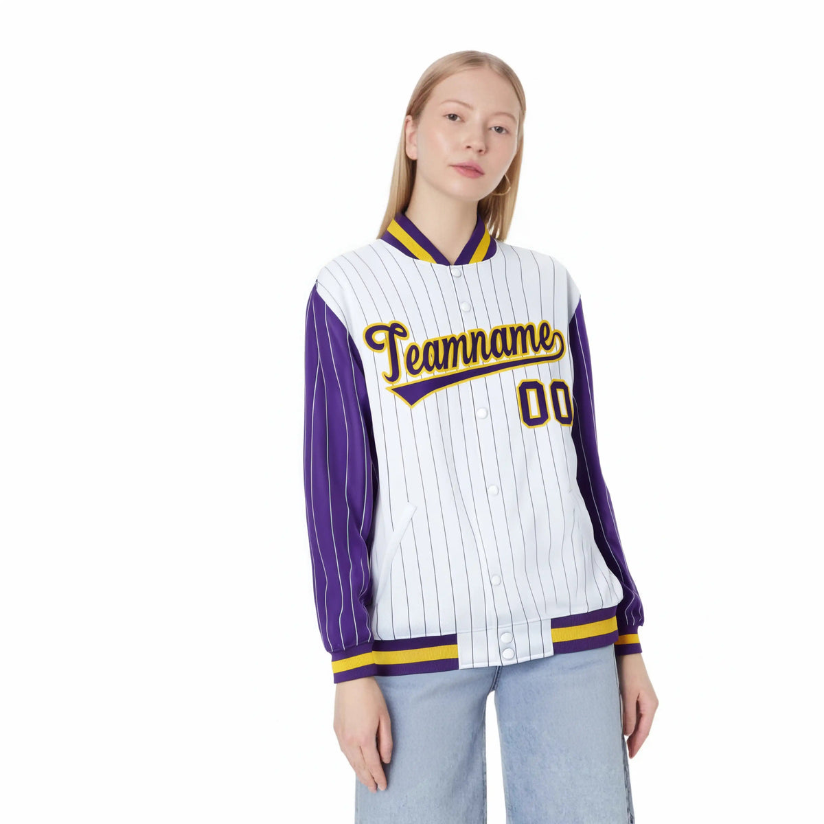 Custom White Purple Pinstripe Glod-Purple Bomber Full-Snap Varsity Letterman Jacket