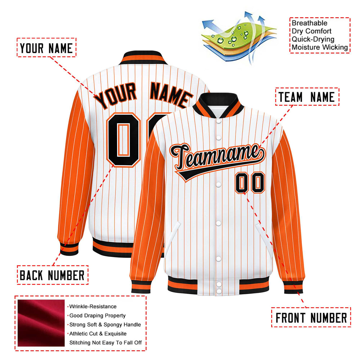 Custom White Orange Pinstripe Orange-Black Bomber Full-Snap Varsity Letterman Jacket