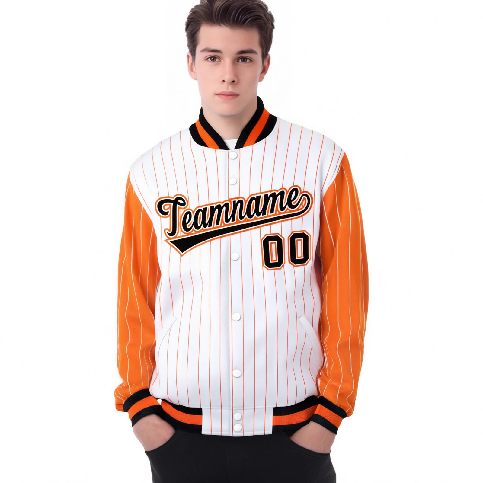 Custom White Orange Pinstripe Orange-Black Bomber Full-Snap Varsity Letterman Jacket