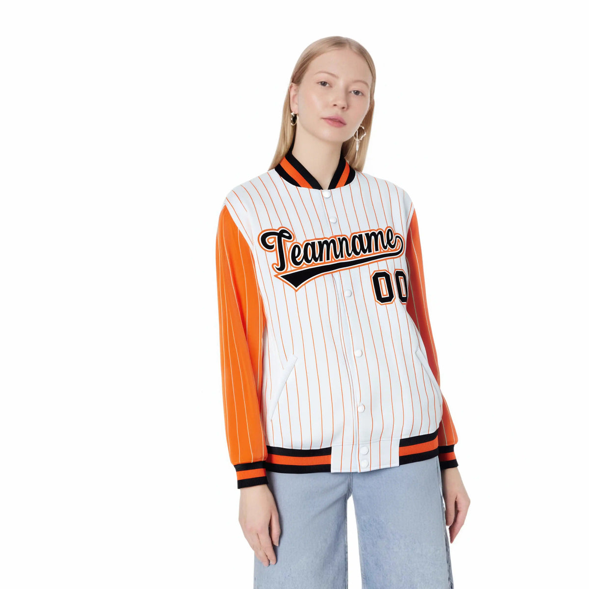 Custom White Orange Pinstripe Orange-Black Bomber Full-Snap Varsity Letterman Jacket