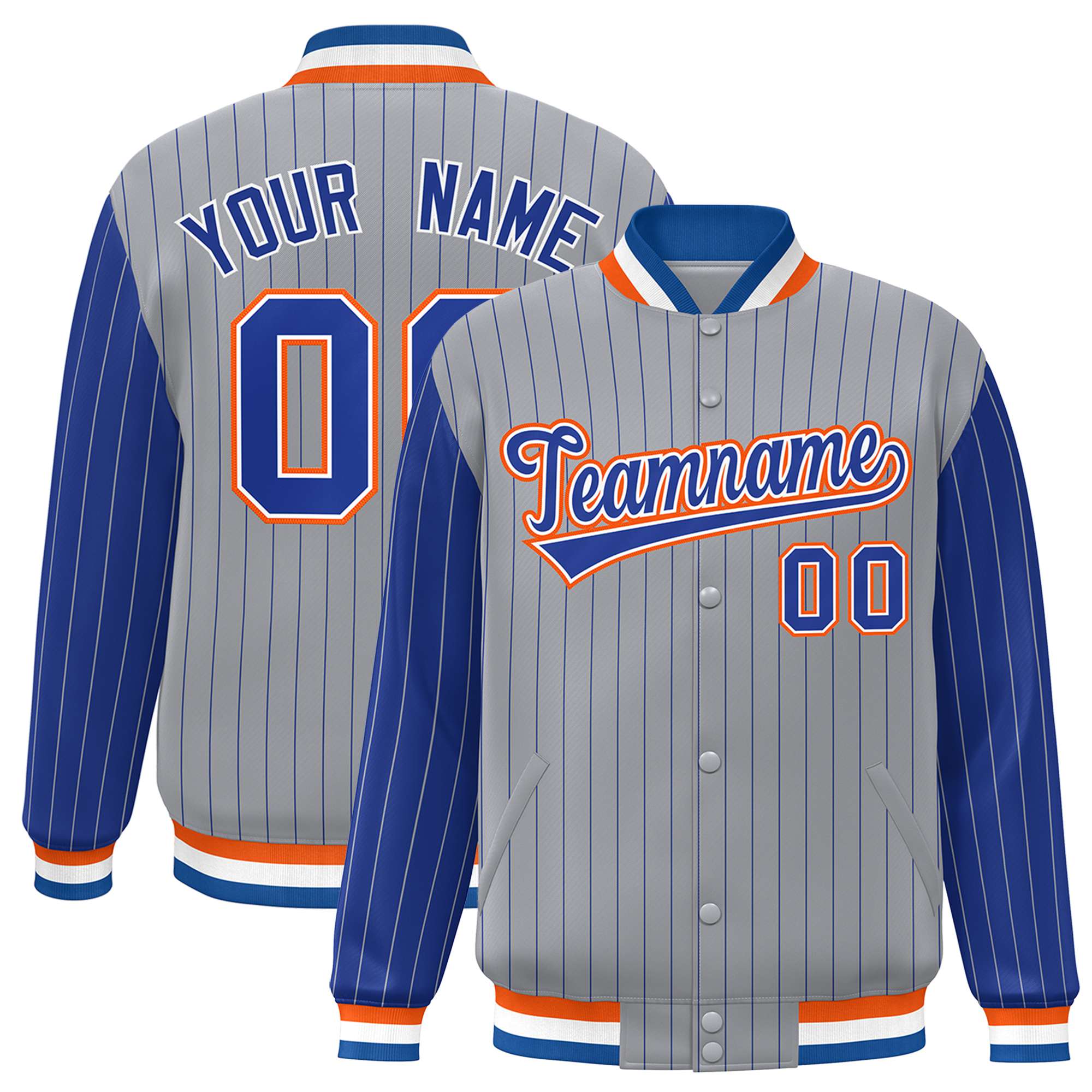 Custom Gray Royal-Blue Pinstripe Orange Royal-Blue Bomber Full-Snap Varsity Letterman Jacket