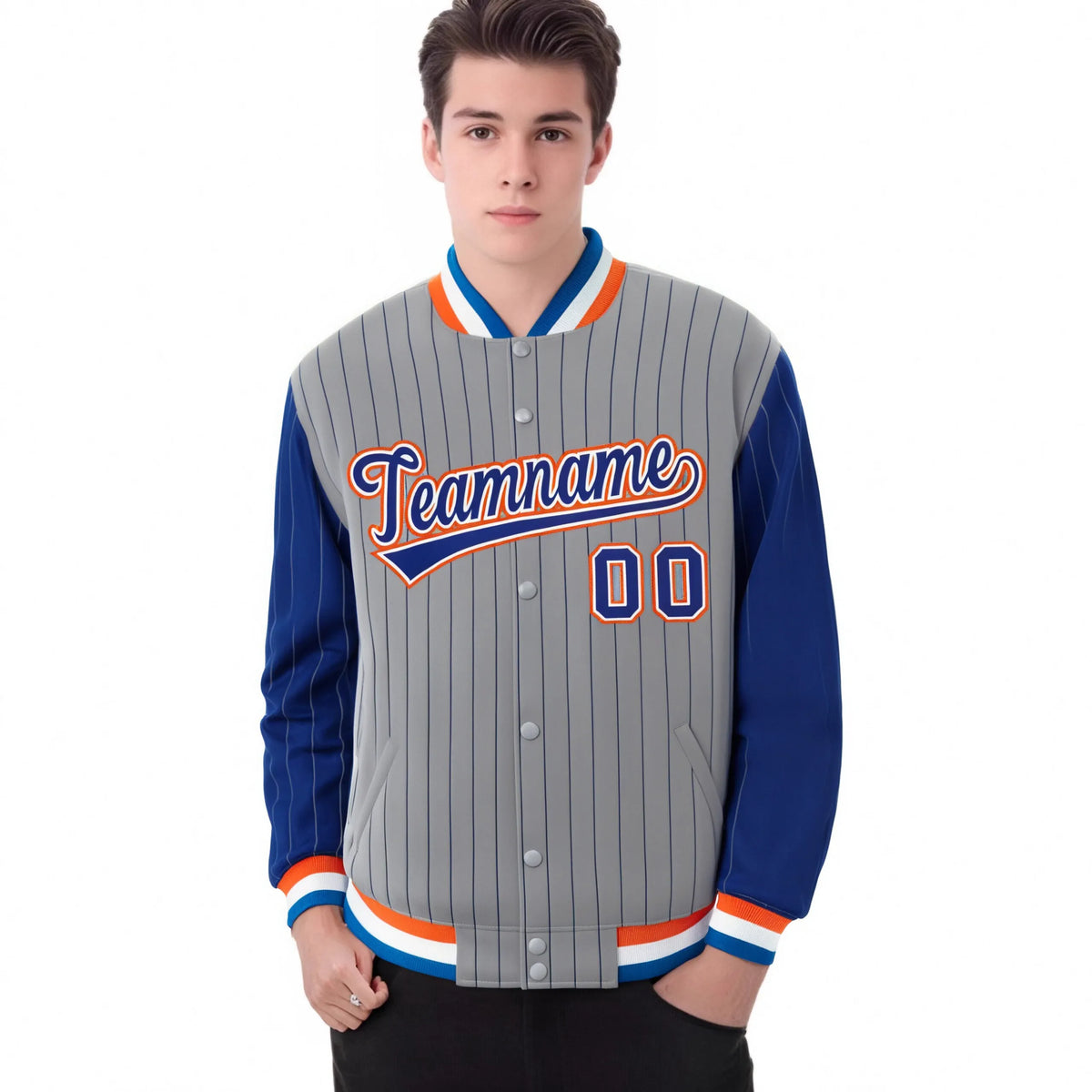Custom Gray Royal-Blue Pinstripe Orange Royal-Blue Bomber Full-Snap Varsity Letterman Jacket