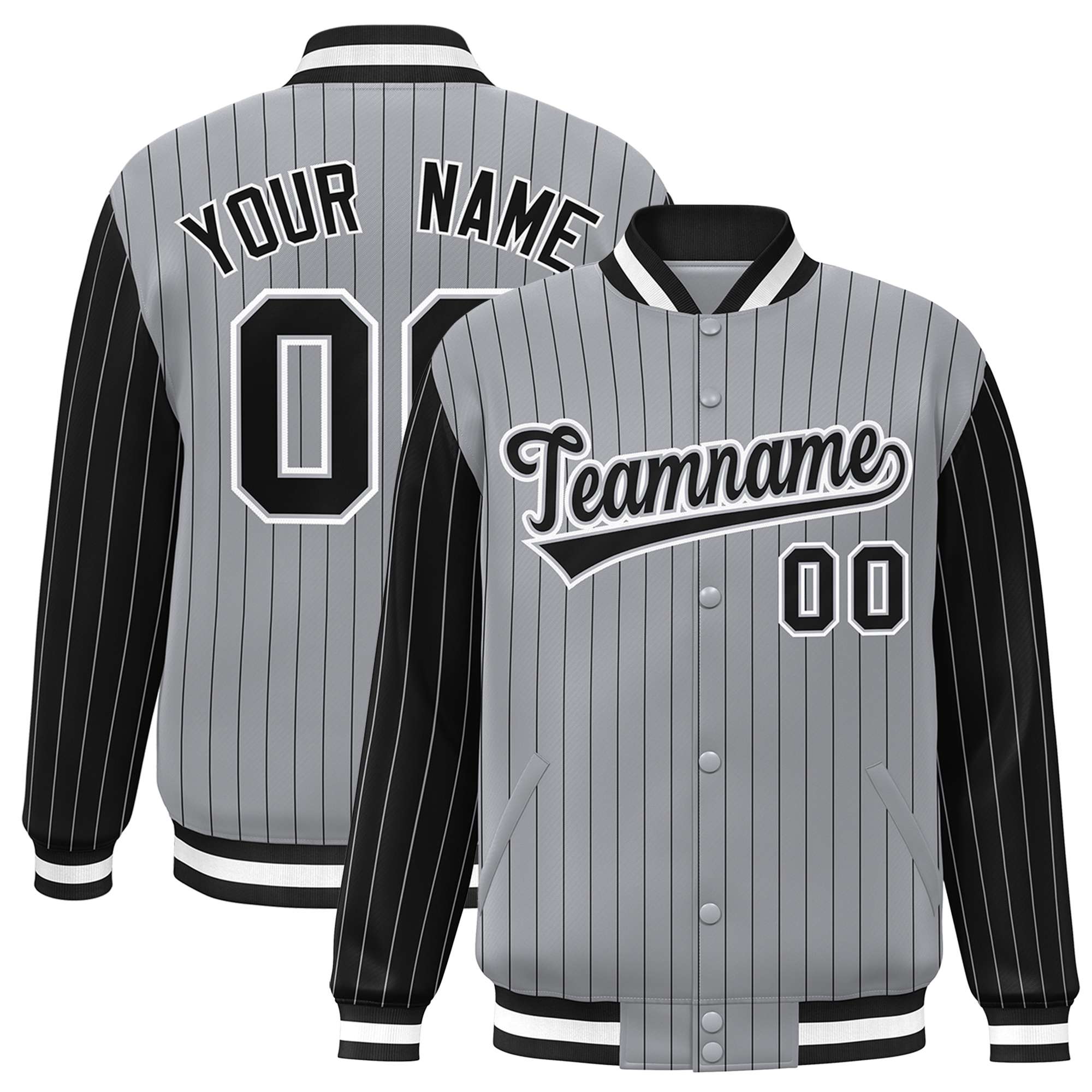 Custom Gray Black Pinstripe White-Black Bomber Full-Snap Varsity Letterman Jacket