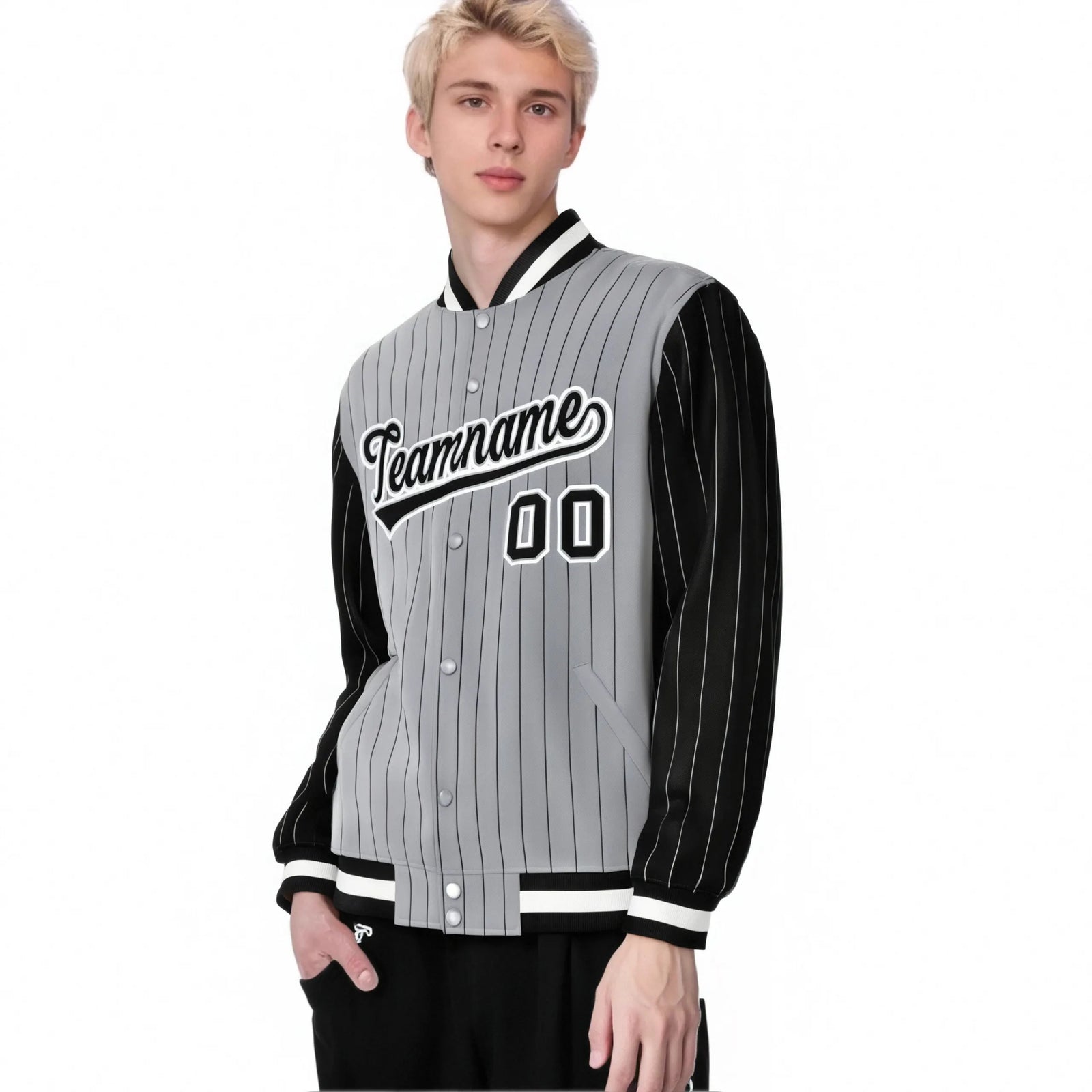 Custom Gray Black Pinstripe White-Black Bomber Full-Snap Varsity Letterman Jacket