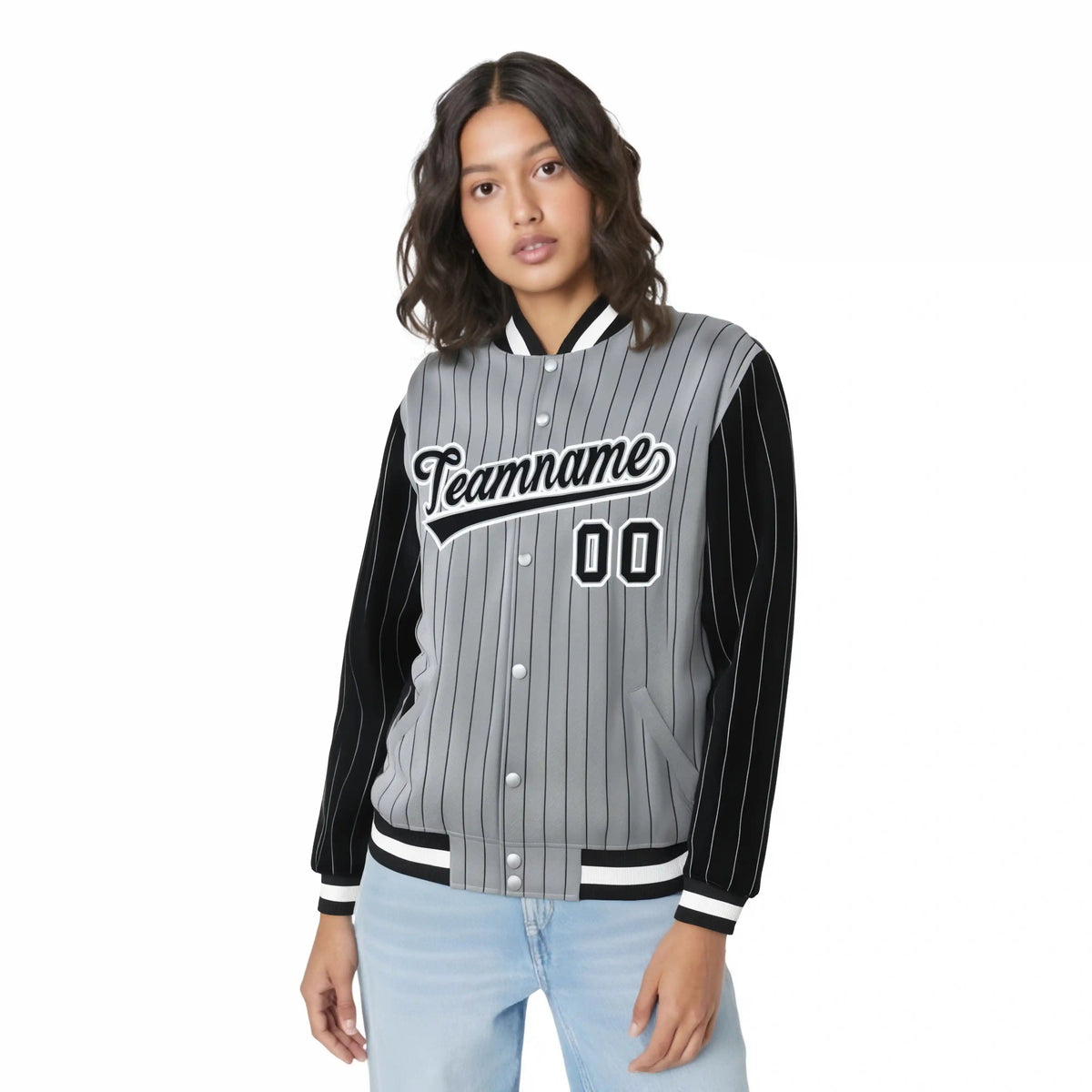 Custom Gray Black Pinstripe White-Black Bomber Full-Snap Varsity Letterman Jacket