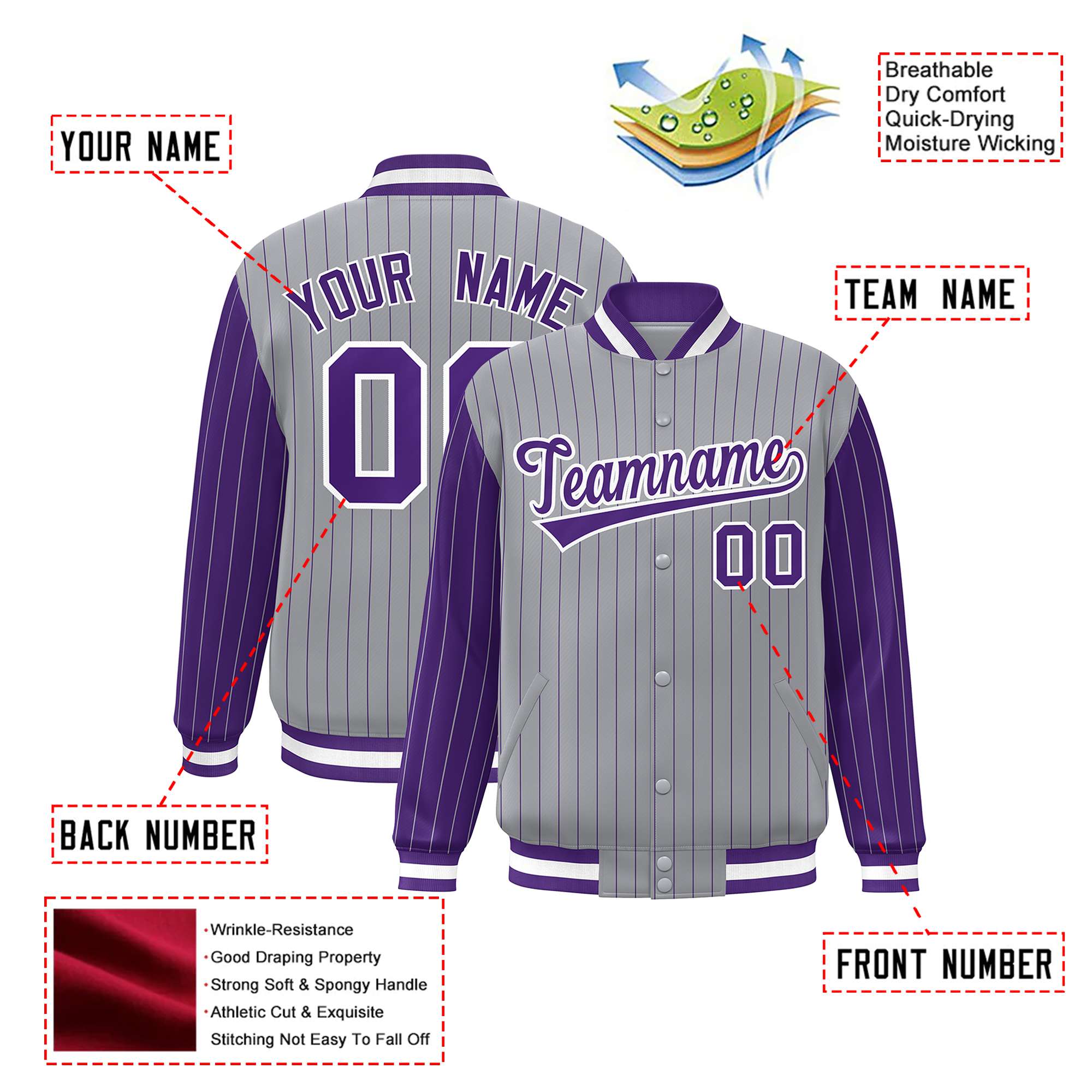 Custom Gray Purple Pinstripe White-Purple Bomber Full-Snap Varsity Letterman Jacket