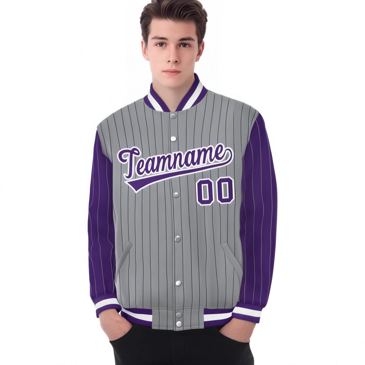 Custom Gray Purple Pinstripe White-Purple Bomber Full-Snap Varsity Letterman Jacket